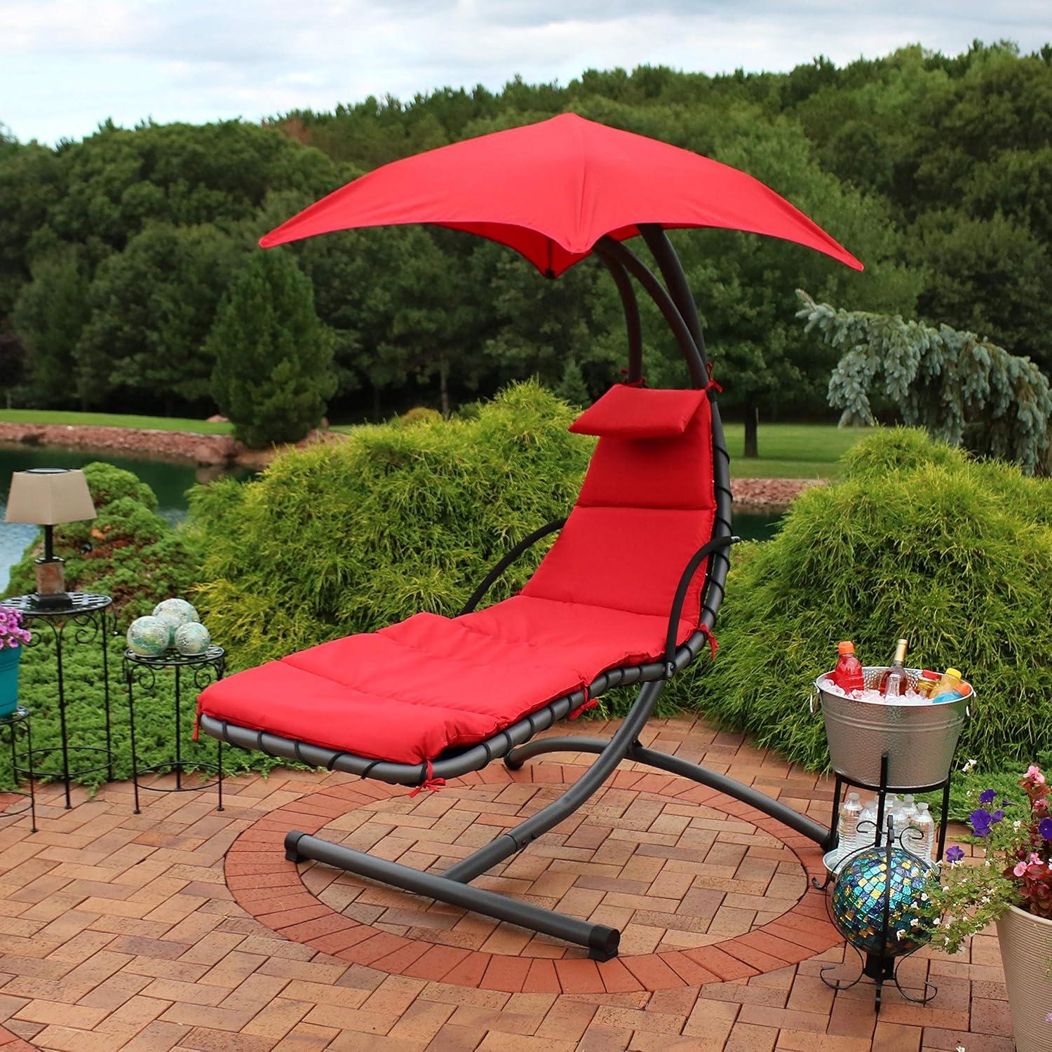 Sunnydaze Outdoor Hanging Chaise Floating Lounge Chair with Canopy Umbrella and Arc Stand, Burnt Orange