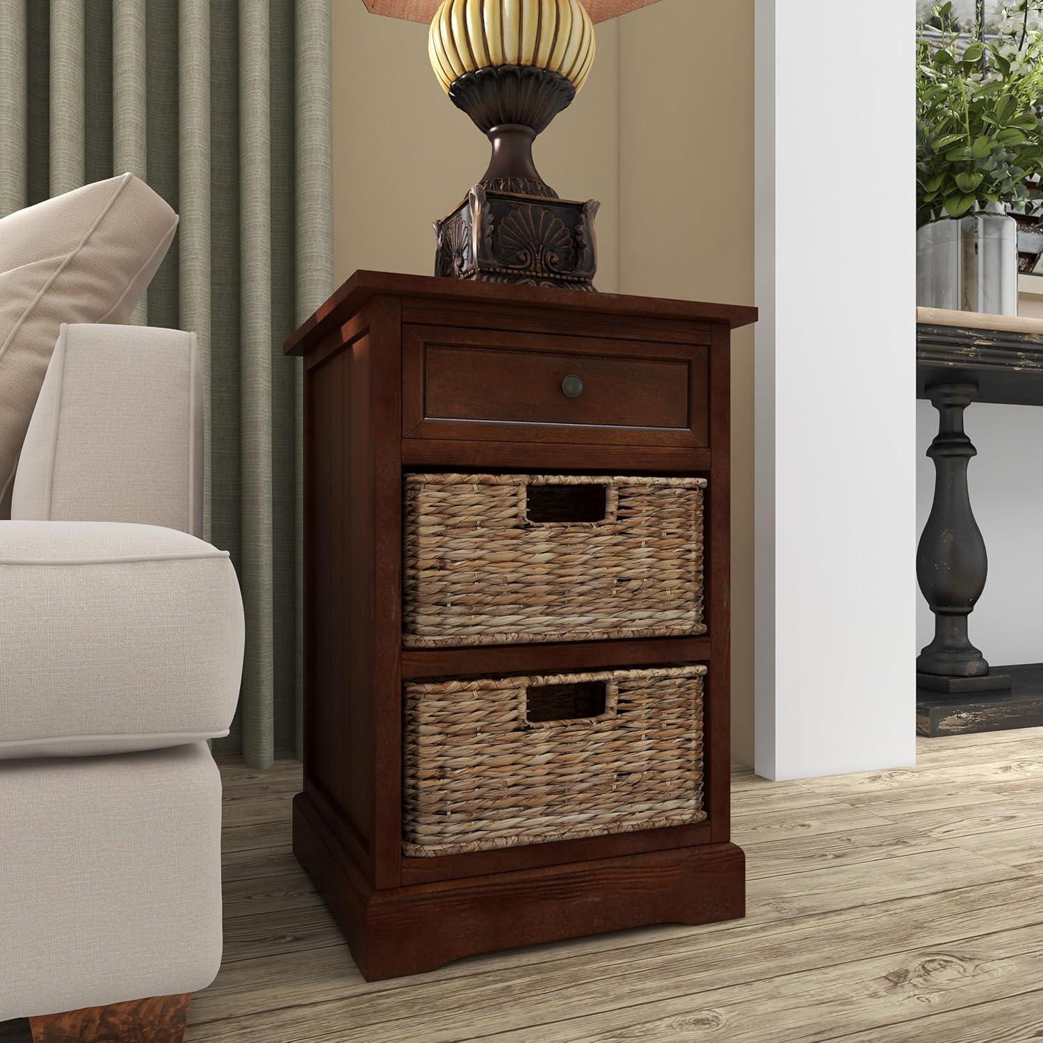 Elegant Brown Wooden Side Chest with Wicker Drawers - 33" x 20.5"