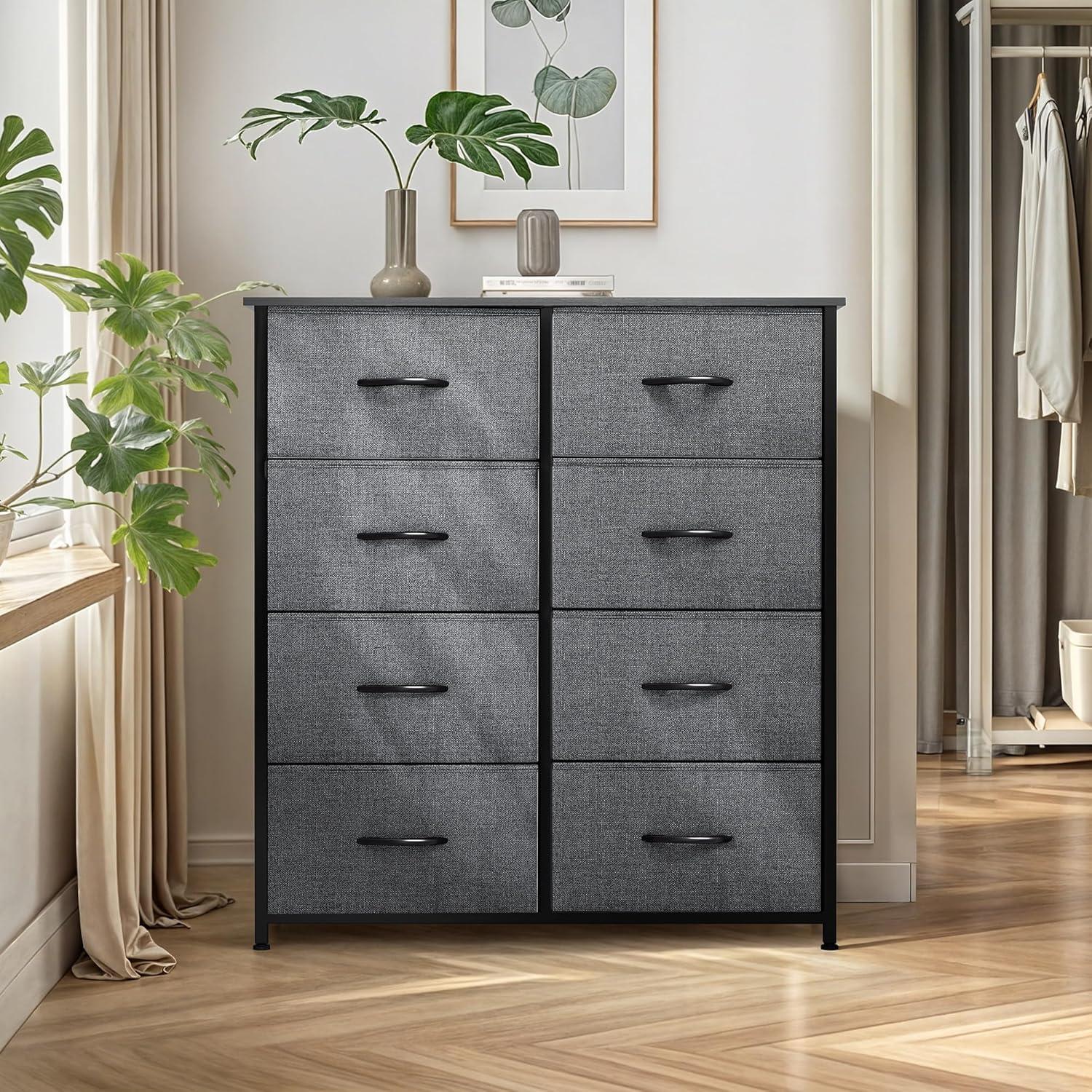 EDX 5 Drawer Dresser, Wide Chest of Drawers Nightstand Storage Tower Storage Fabric Dresser with Wood Top for Living Room, Bedroom, Hallway,Black