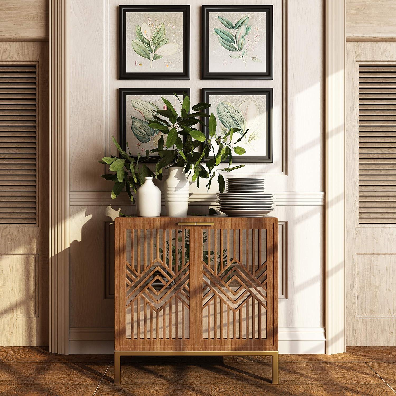 Brown Wood and Mirror 2-Door Accent Cabinet with Geometric Overlays