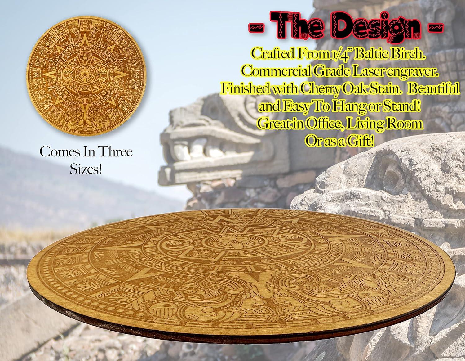 Urbalabs Wood Aztec Calendar Wall Decor 12" Inch Wall Hanging Mexico Aztec Calendar Mayan Calendar Cinco De Mayo Mexican Sun Azteca Calendario Laser Engraved Made In USA (12 Inch)