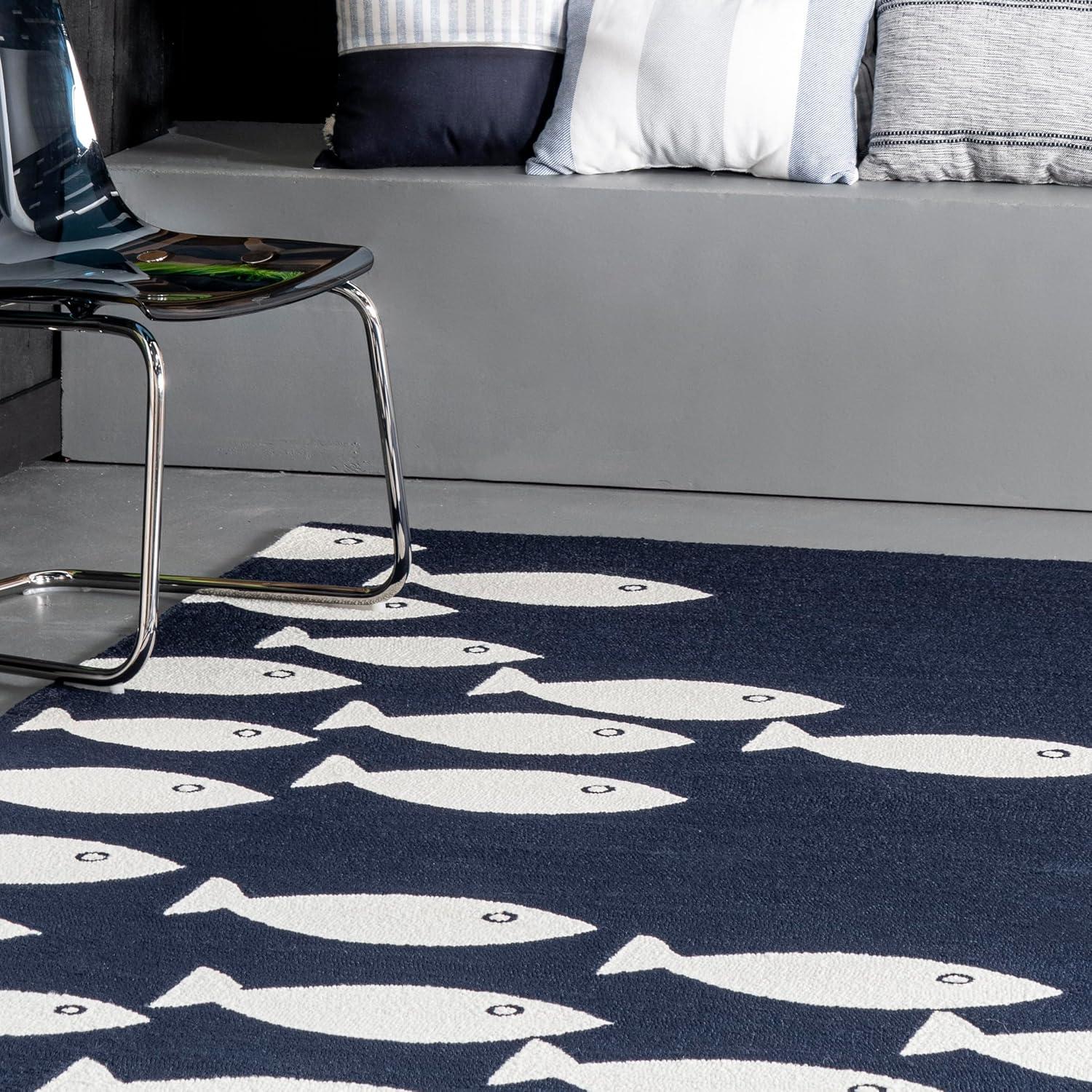 Navy and White Fish Pattern Indoor/Outdoor Rug