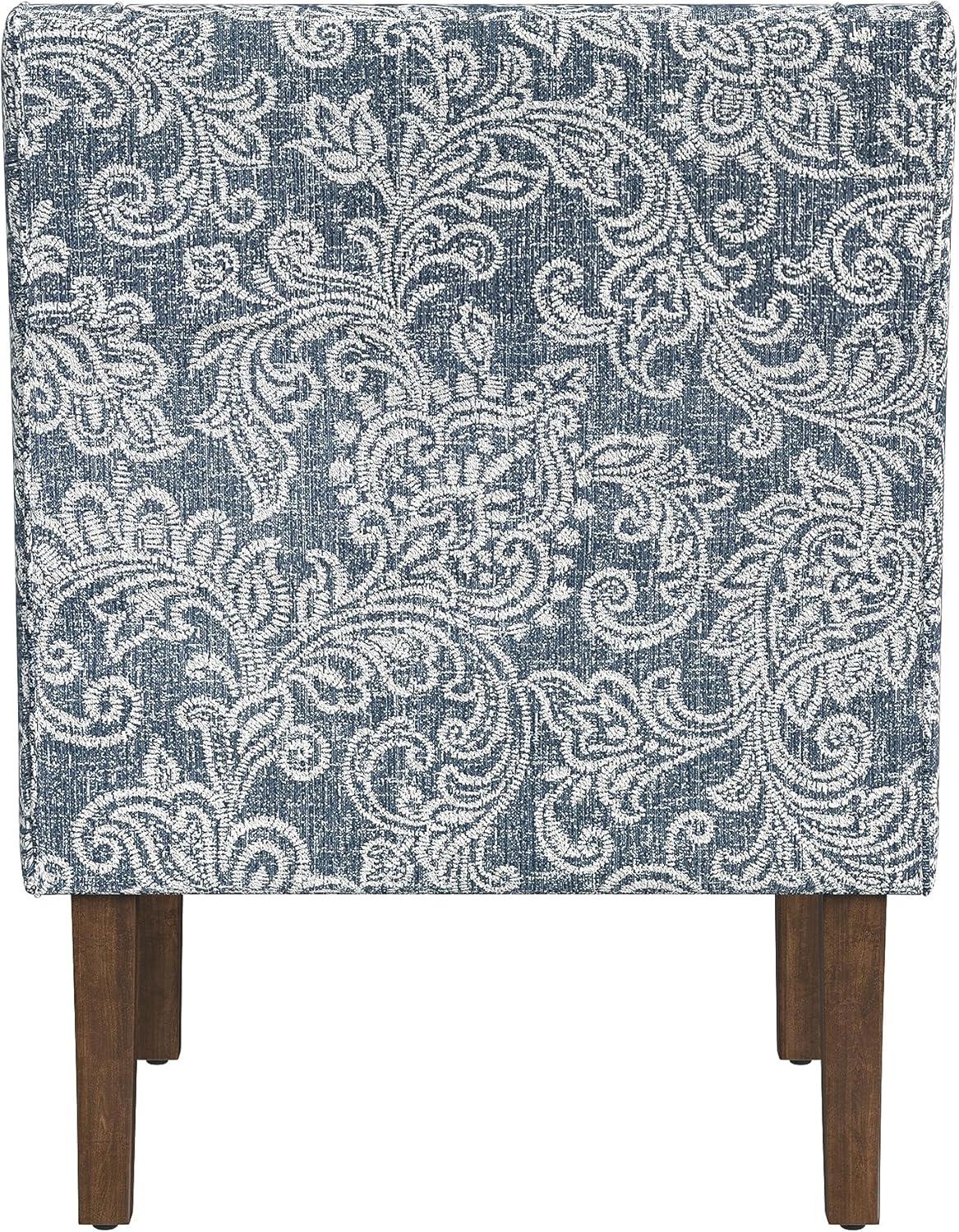 Blue Denim Jacobean Print Swoop Arm Accent Chair with Wood Legs