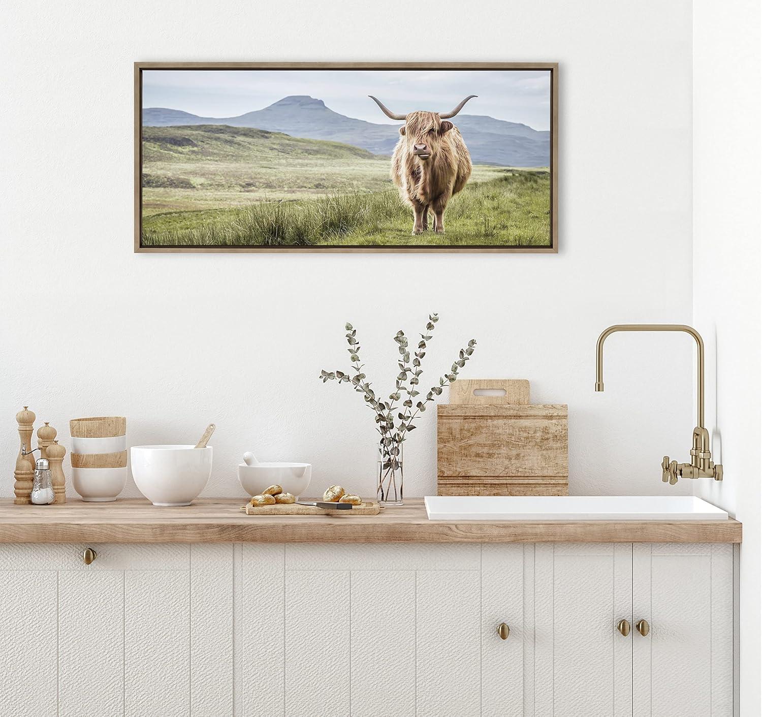 Kate and Laurel Sylvie Highland Cow Mountain Landscape Framed Canvas by The Creative Bunch Studio