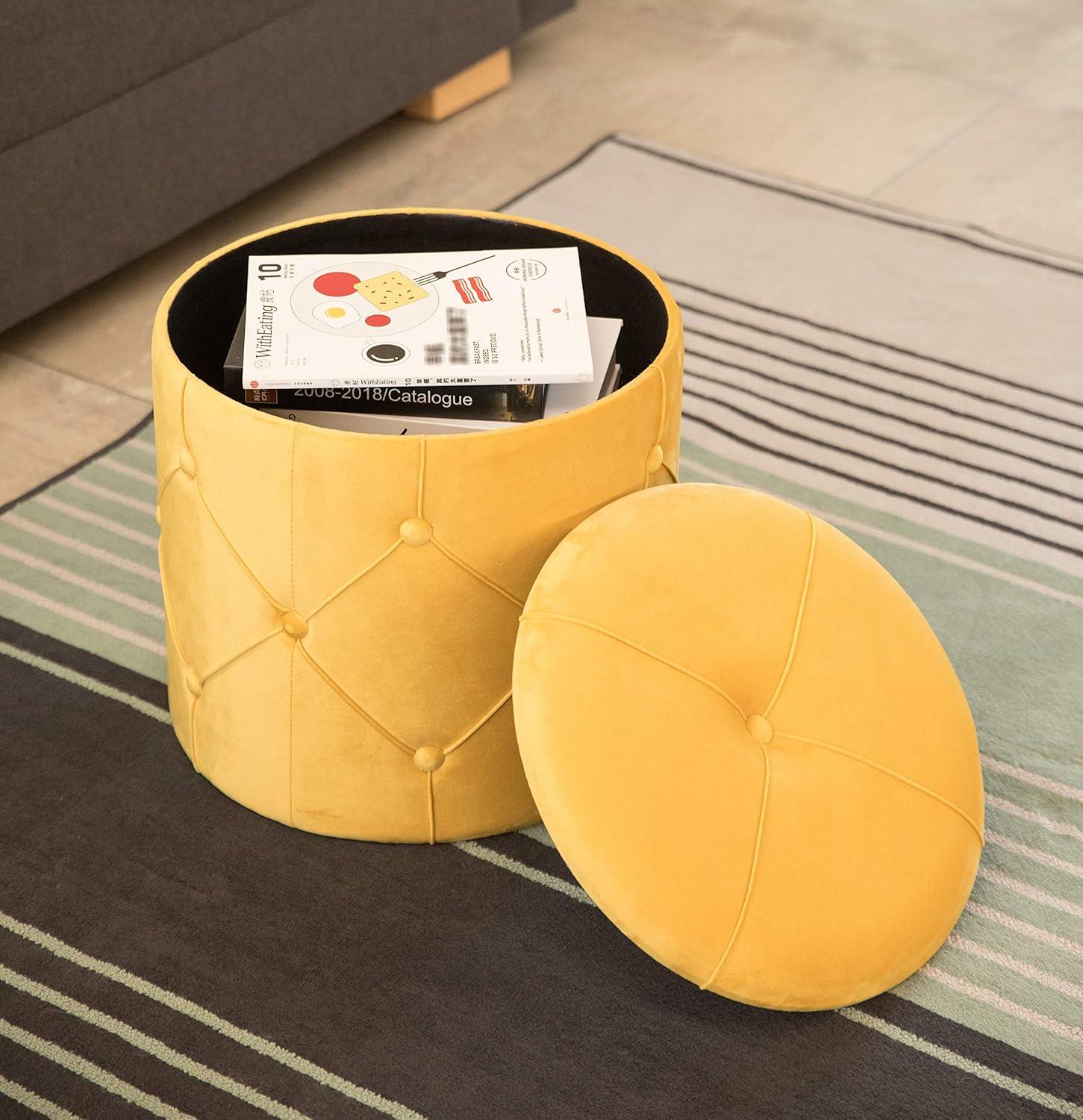 Fabulaxe  15.75 x 15.5 in. Round Wooden Velvet Ottoman Stool with Lid, Yellow