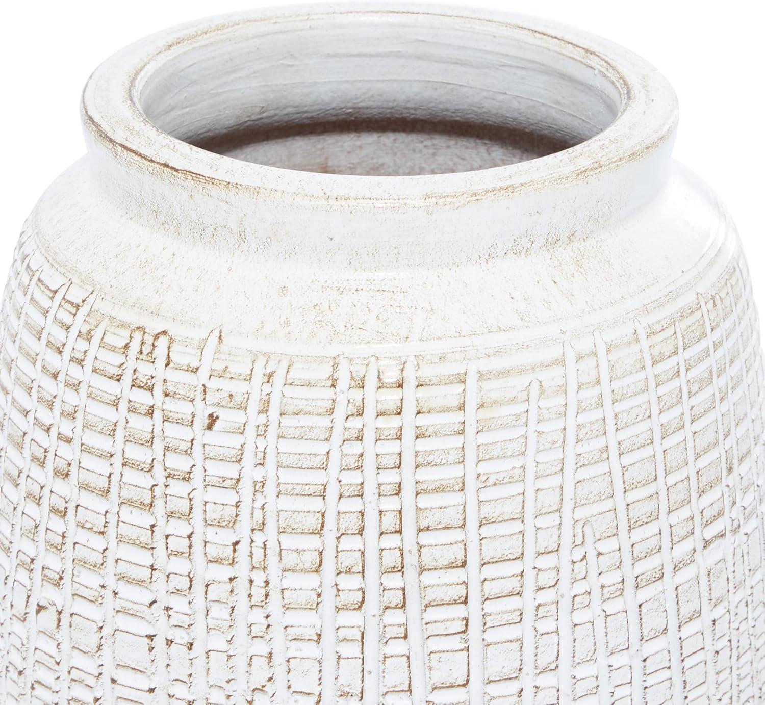 DecMode 11" Carved White Ceramic Vase with Crosshatch Design