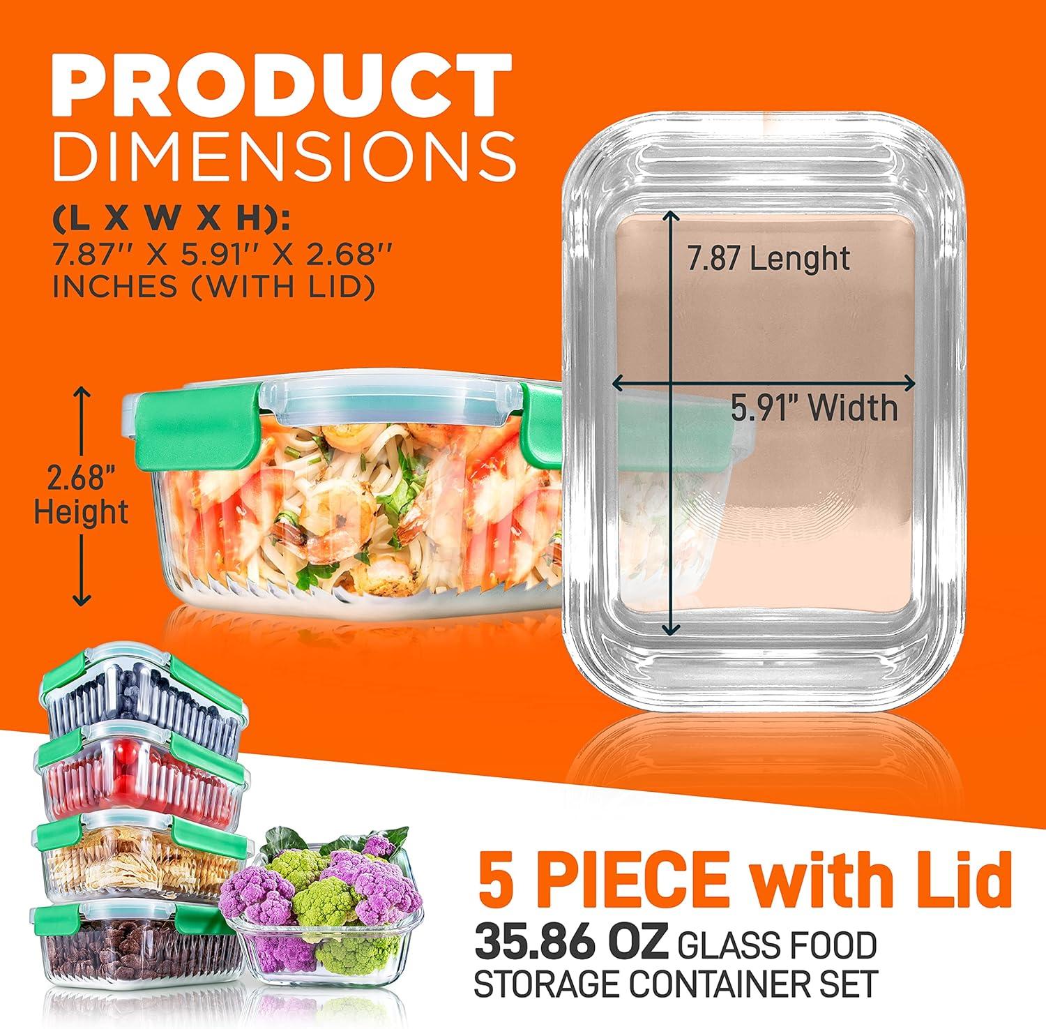 NutriChef 5-Piece Superior Glass Food Storage Containers Set - Stackable Design, Newly BPA-free Airtight Locking lids with Wave Design