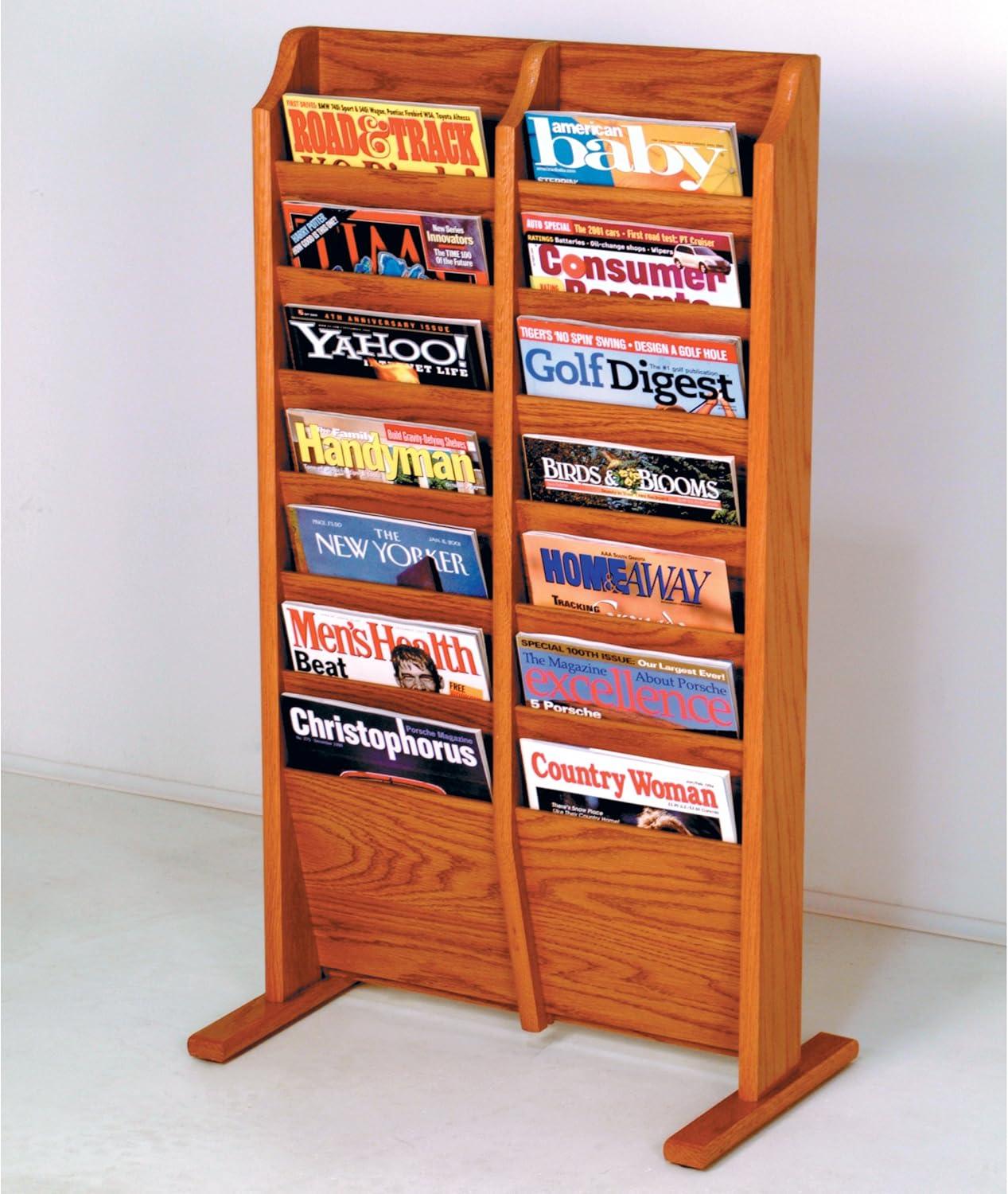 Medium Oak 14-Pocket Solid Oak Freestanding Magazine Rack