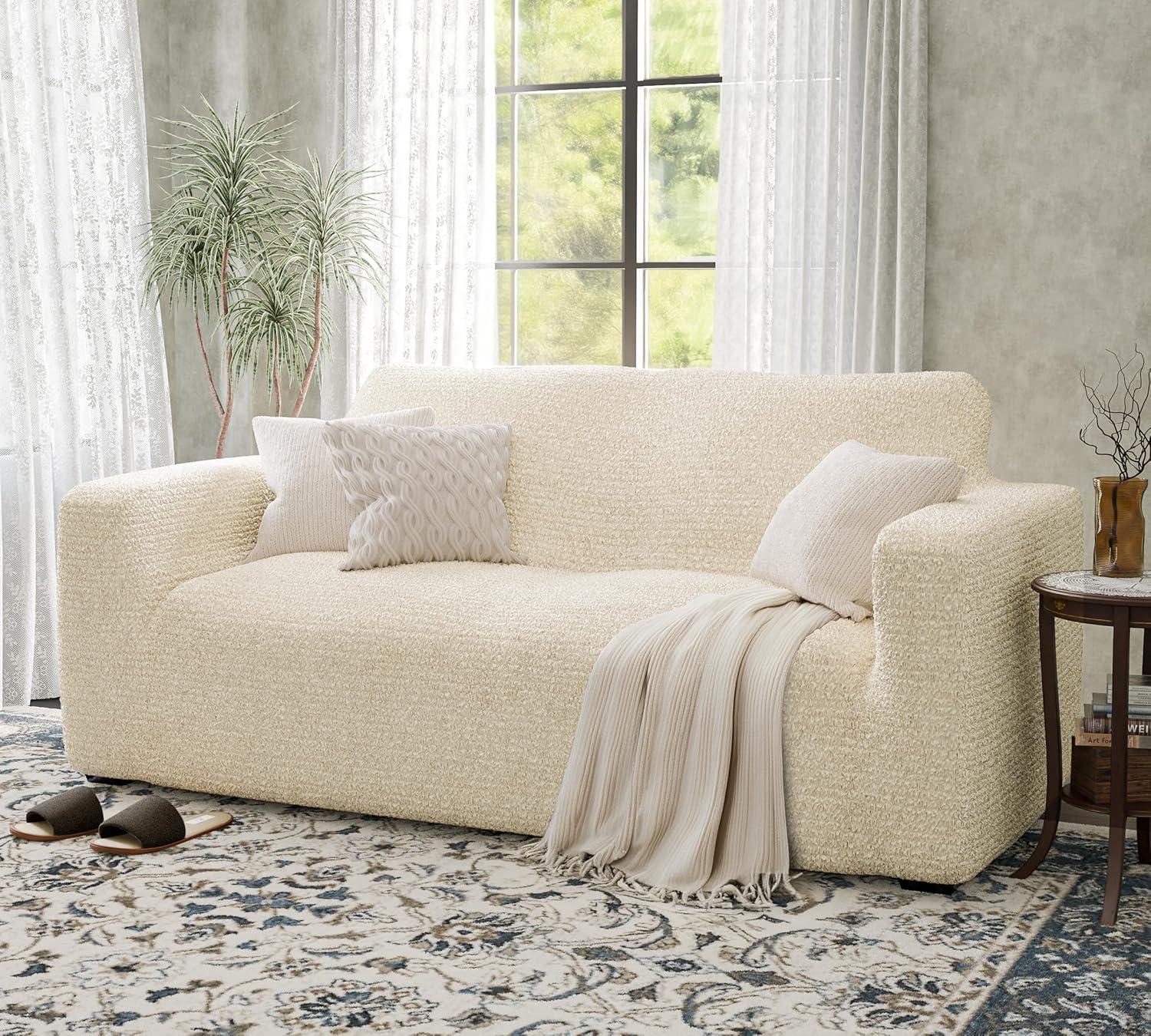 Cream Polyester Stretch Loveseat Slipcover - Mille Righe Collection