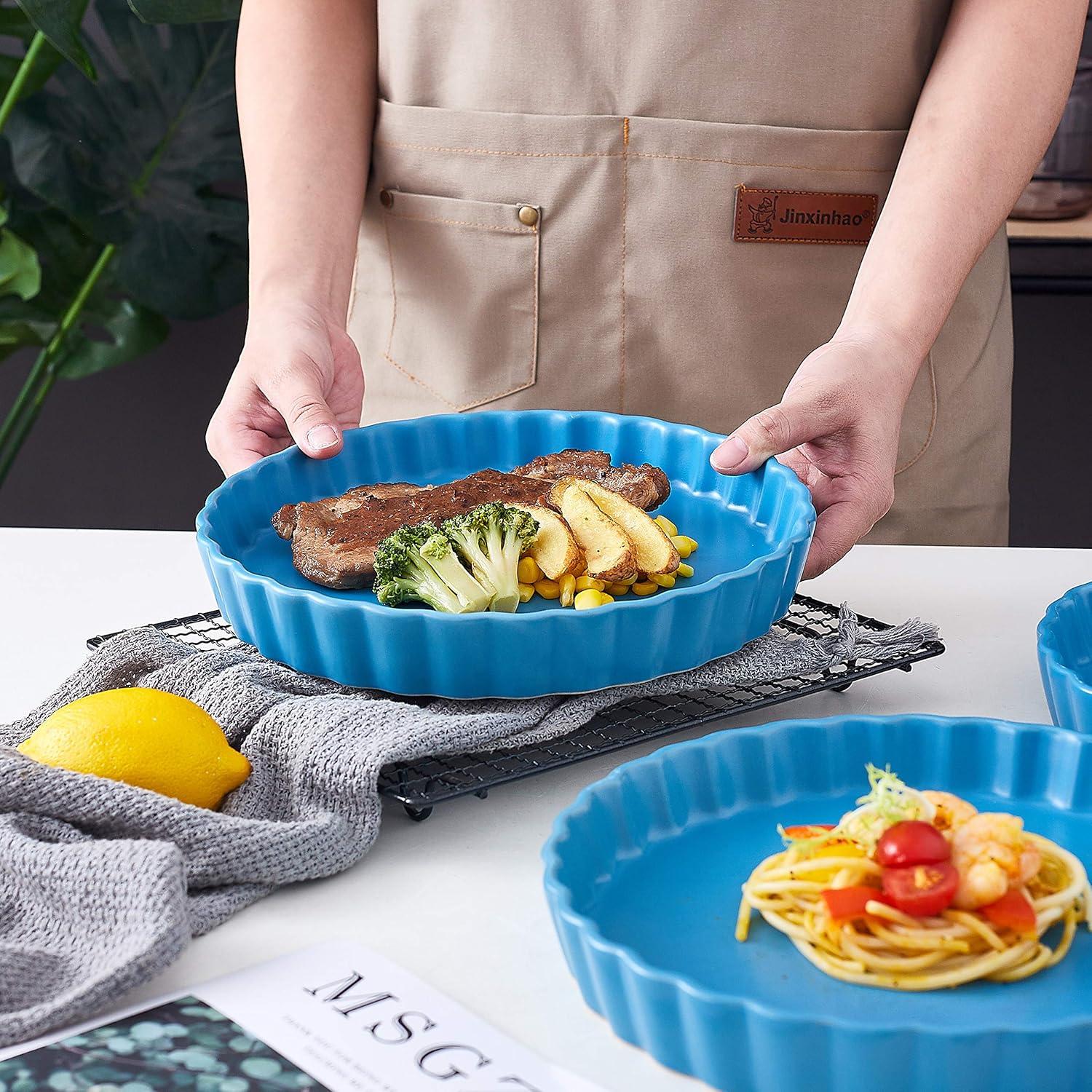 Bruntmor Ceramic Pie Pans Set of 4, Baking Dishes/Quiche Dish/Apple Pie/Tart. Oven Safe Nonstick Porcelain Round Baking Plate/Pot/Tart Pan. 10"/ Blue