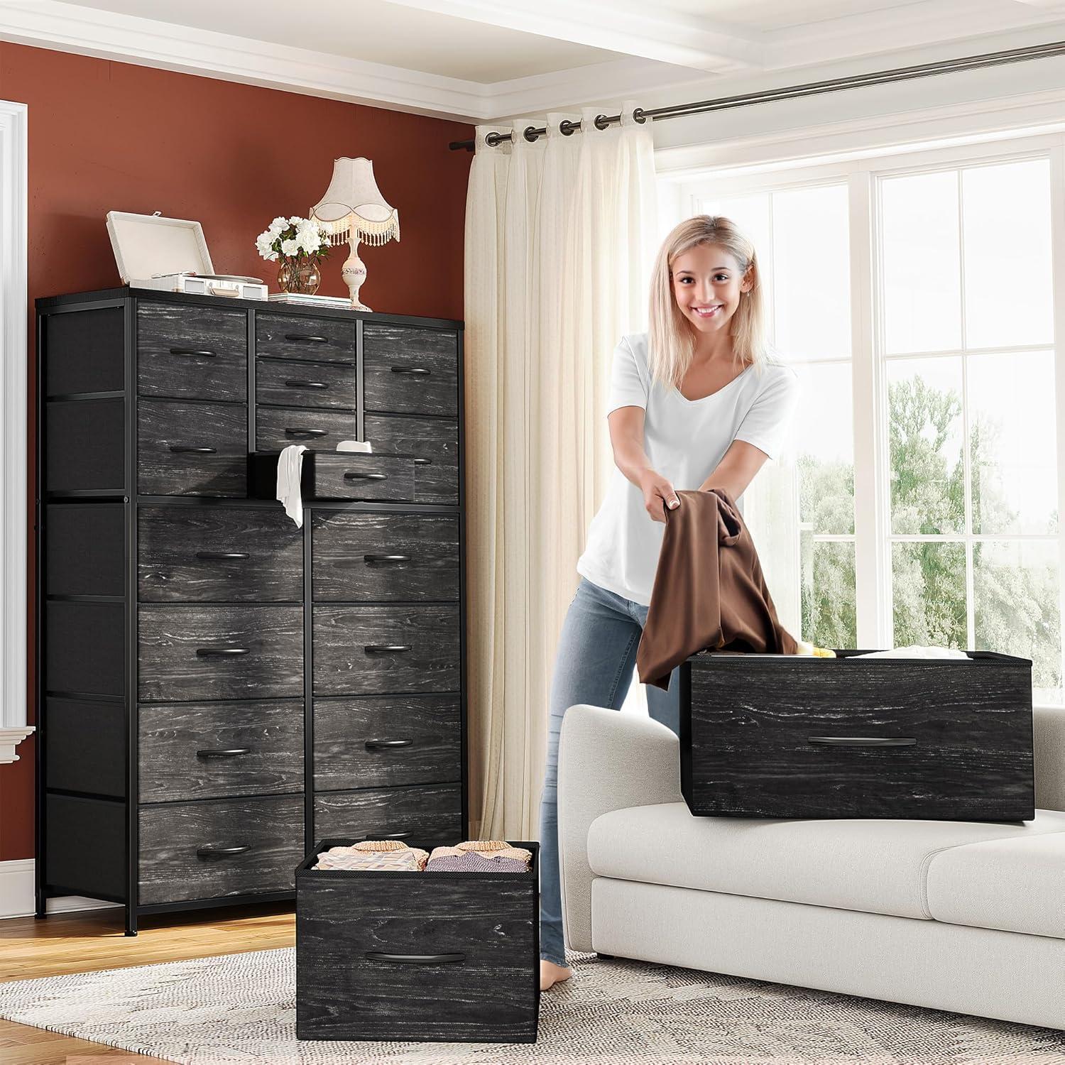 Dresser, Black Dresser, Wood Top, Metal Frame High Dresser and Chest of Drawers for Bedroom and Entryway, Bedroom High Dresser with 16 Drawers, Black