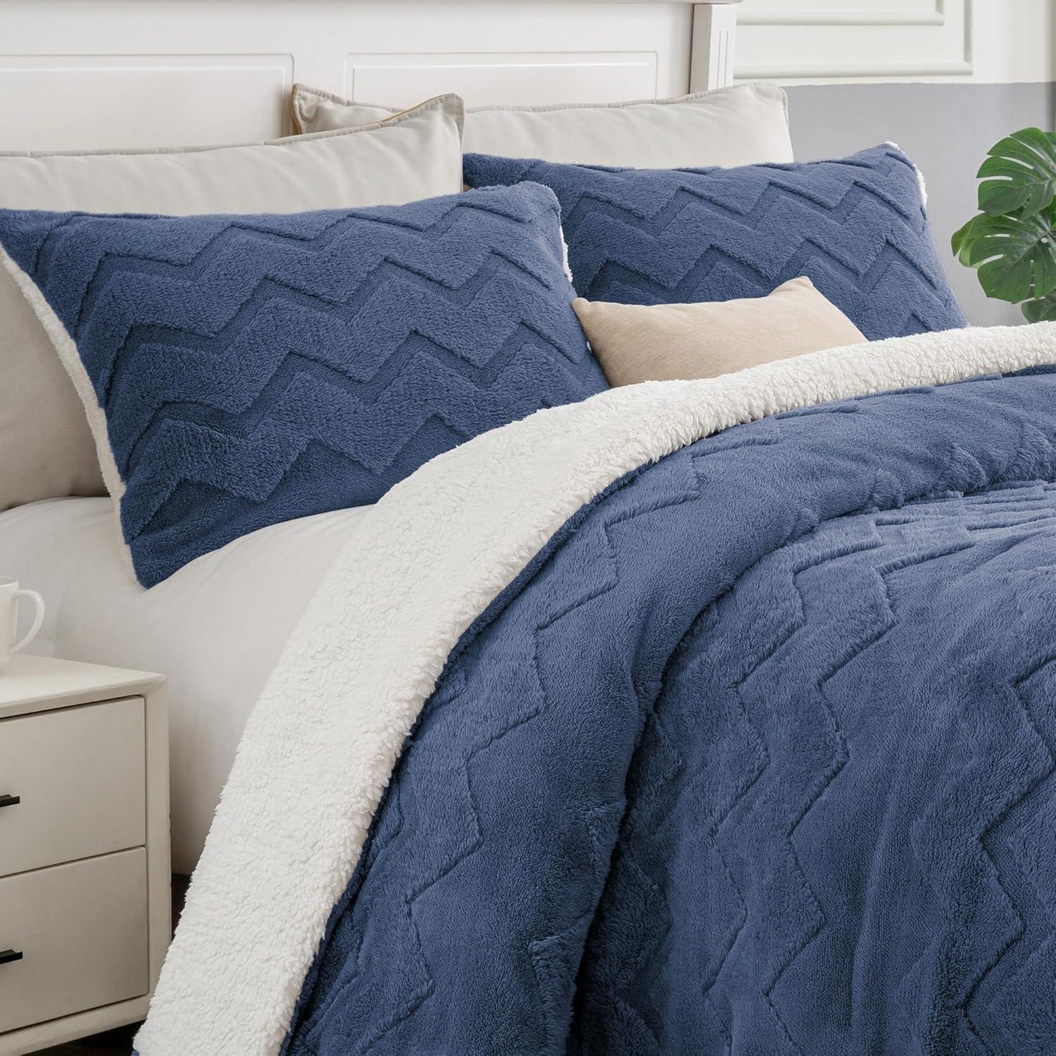 Navy Blue Sherpa Reversible Queen Comforter Set