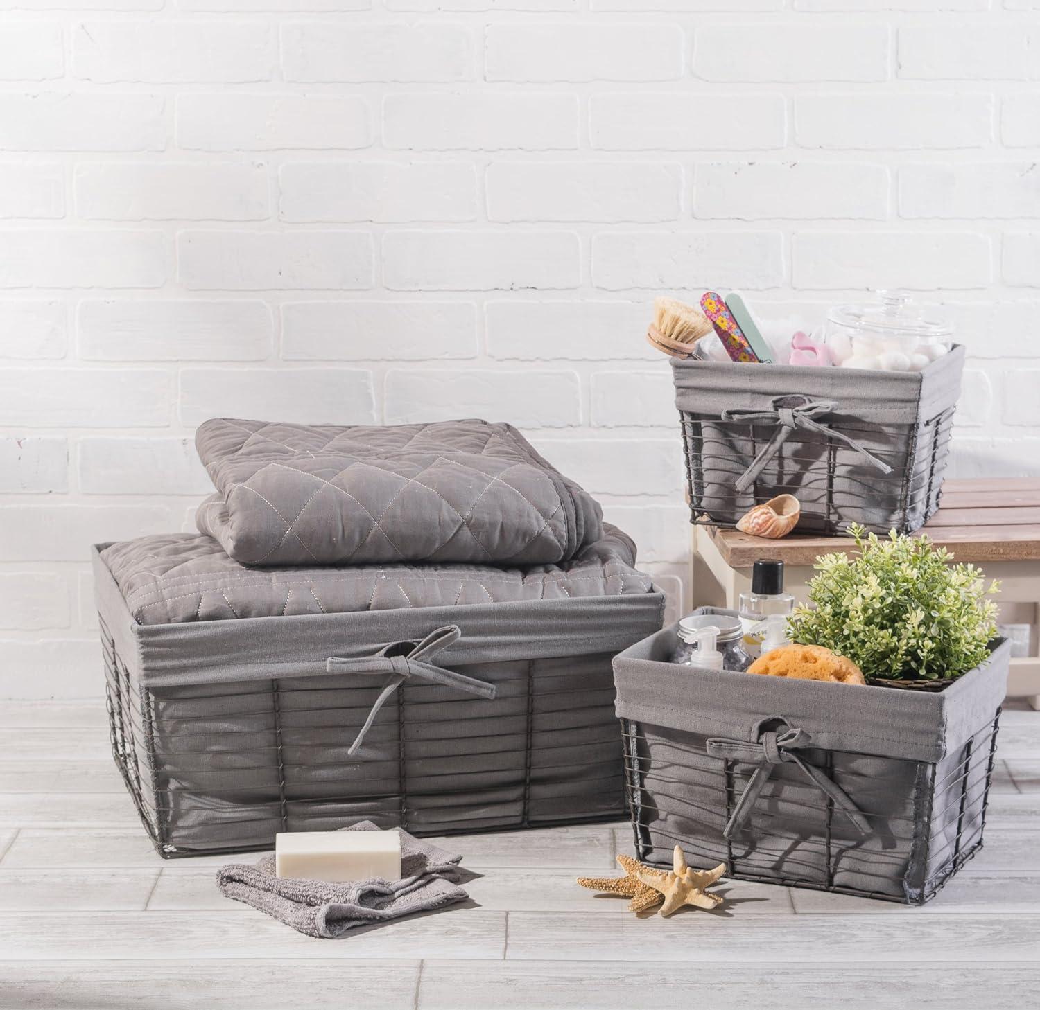 Gray Iron Rectangular Storage Baskets with Fabric Liners, Set of 5