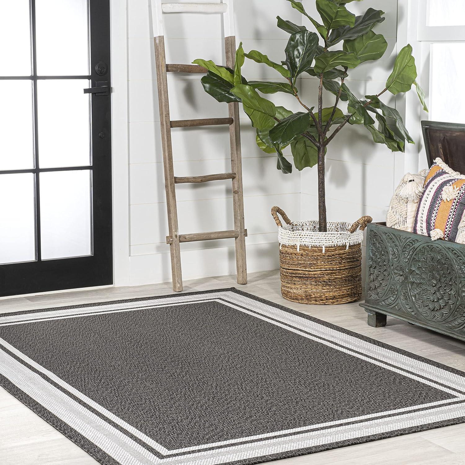 5' x 8' James Modern Border Stripe Indoor/Outdoor Area Rug, Black/Cream - JONATHAN Y