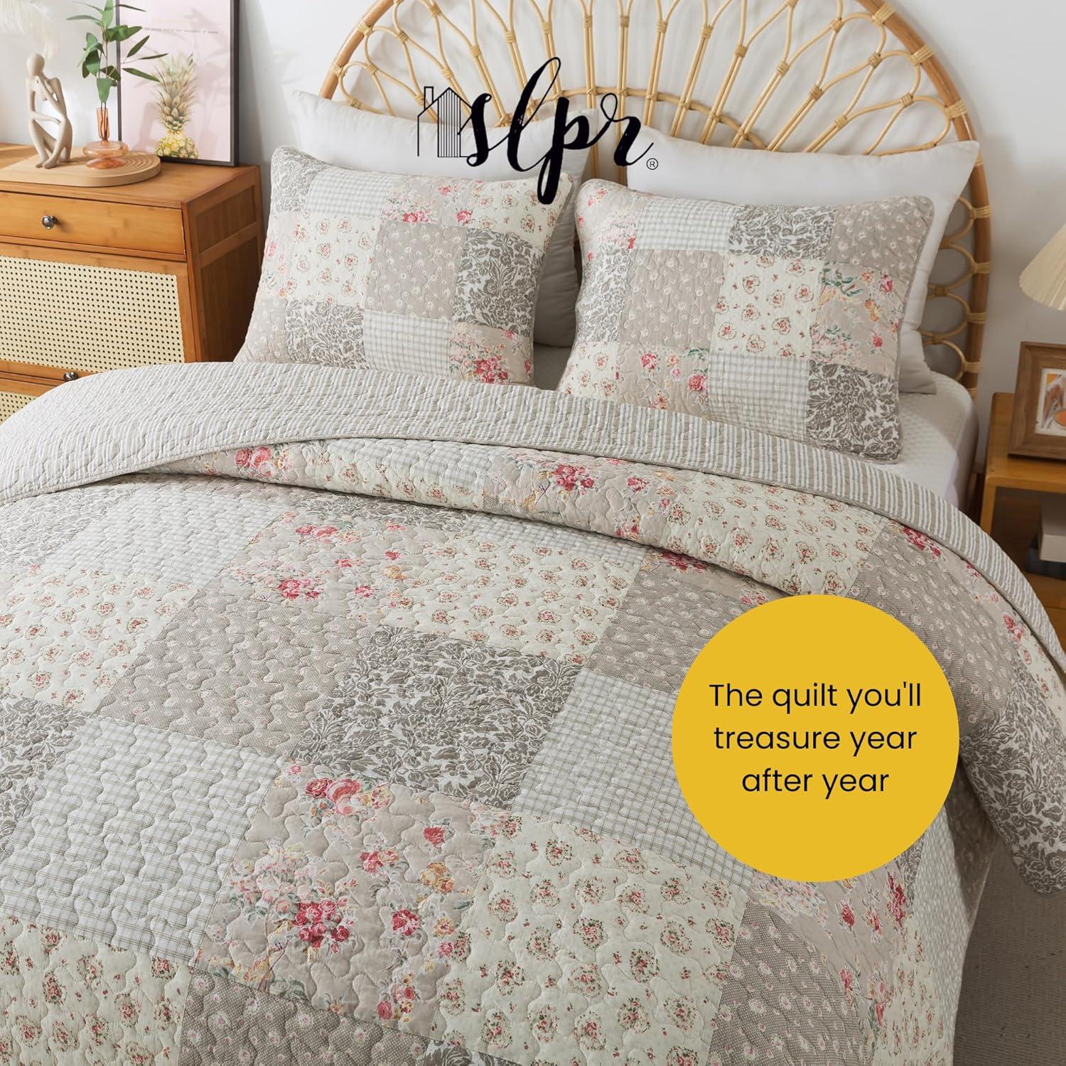 SLPR Walk in The Cotswolds Patchwork Cotton Pieced Quilt Set - Queen Size with 2 Shams, Neutral Floral & Cream Cottage Quilted Bedspread, French Country Farmhouse Bedding for All Seasons