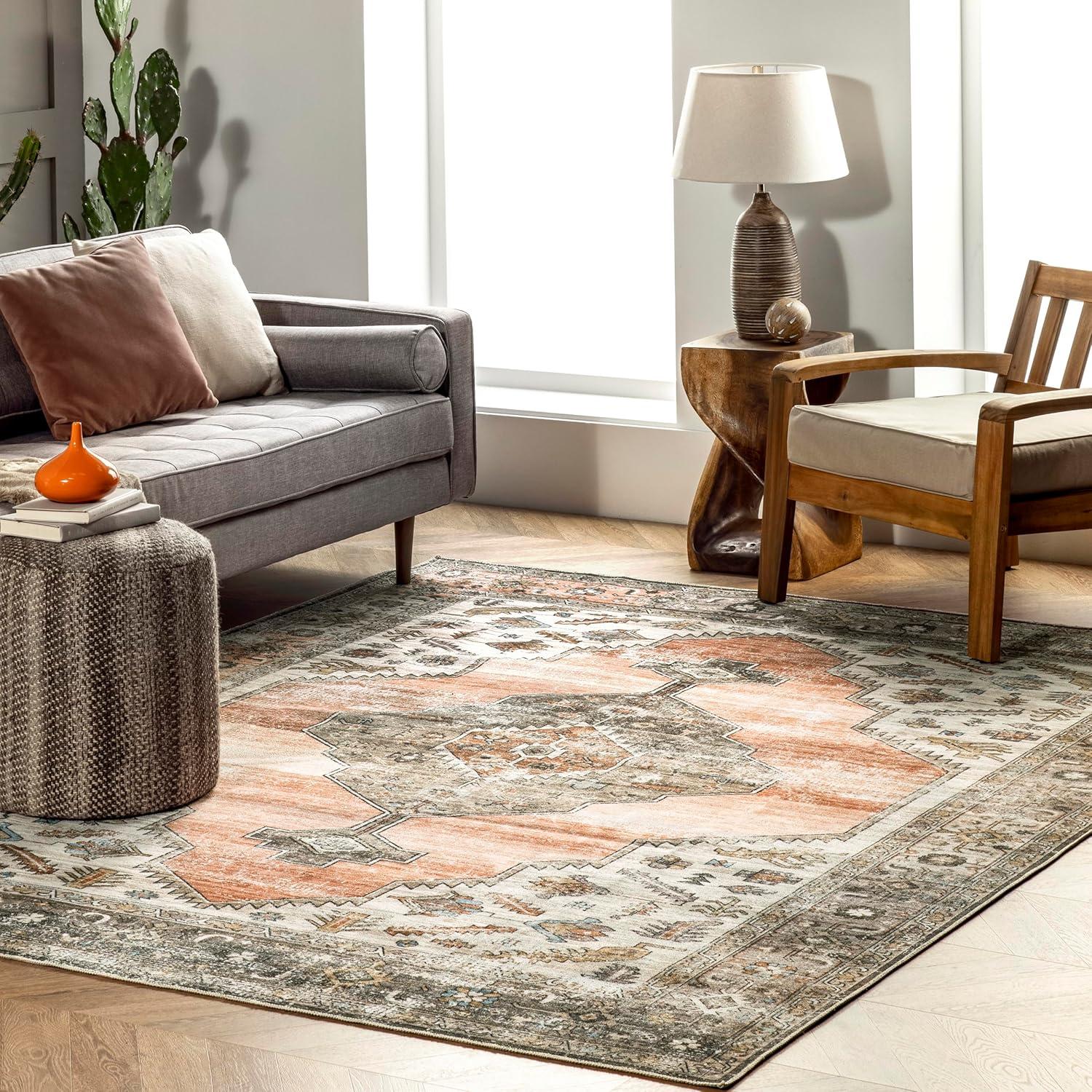 Nuloom Gracie Distressed Medallion Pet Friendly Machine Washable Area Rug, 5' x 8', Peach