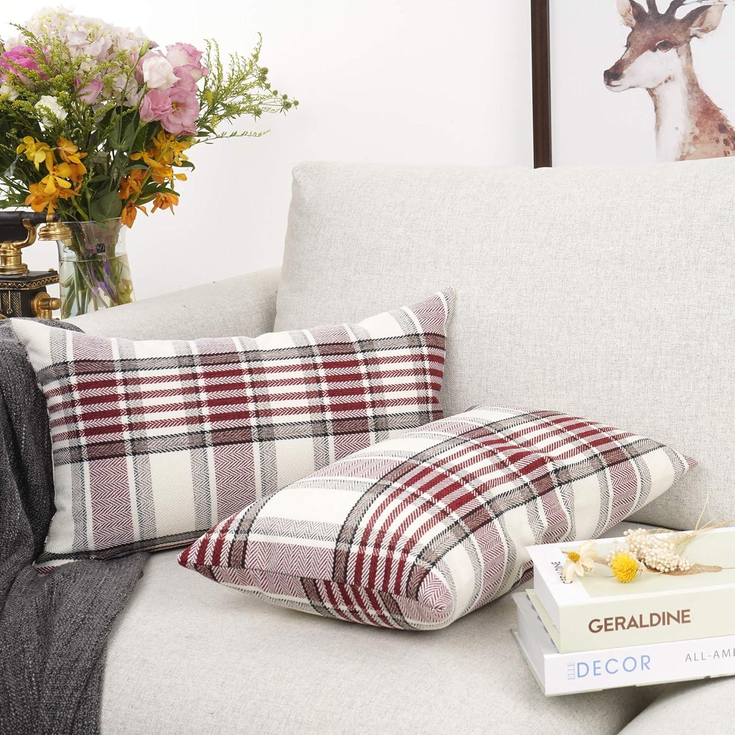 Fundas de Almohada de Lino y Algodón con Rayas a Cuadros de Búfalo Rojo, 18x18 Pulgadas, Juego de 2, Estilo Granja Vintage