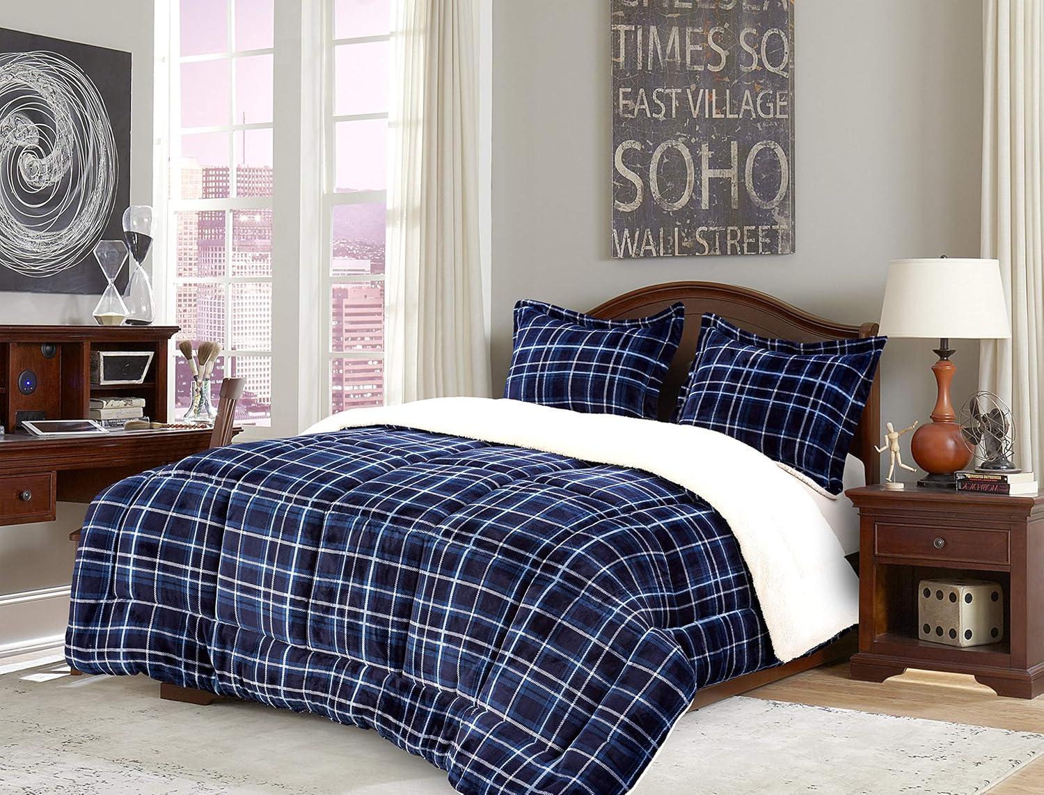 Mocassi Heavy Weight Plaid Pattern 3PC Comforter Set - Micromink Sherpa-Backing, Down Alternative Micro-Suede, 3-Piece Comforter Set, Full/Queen, Navy