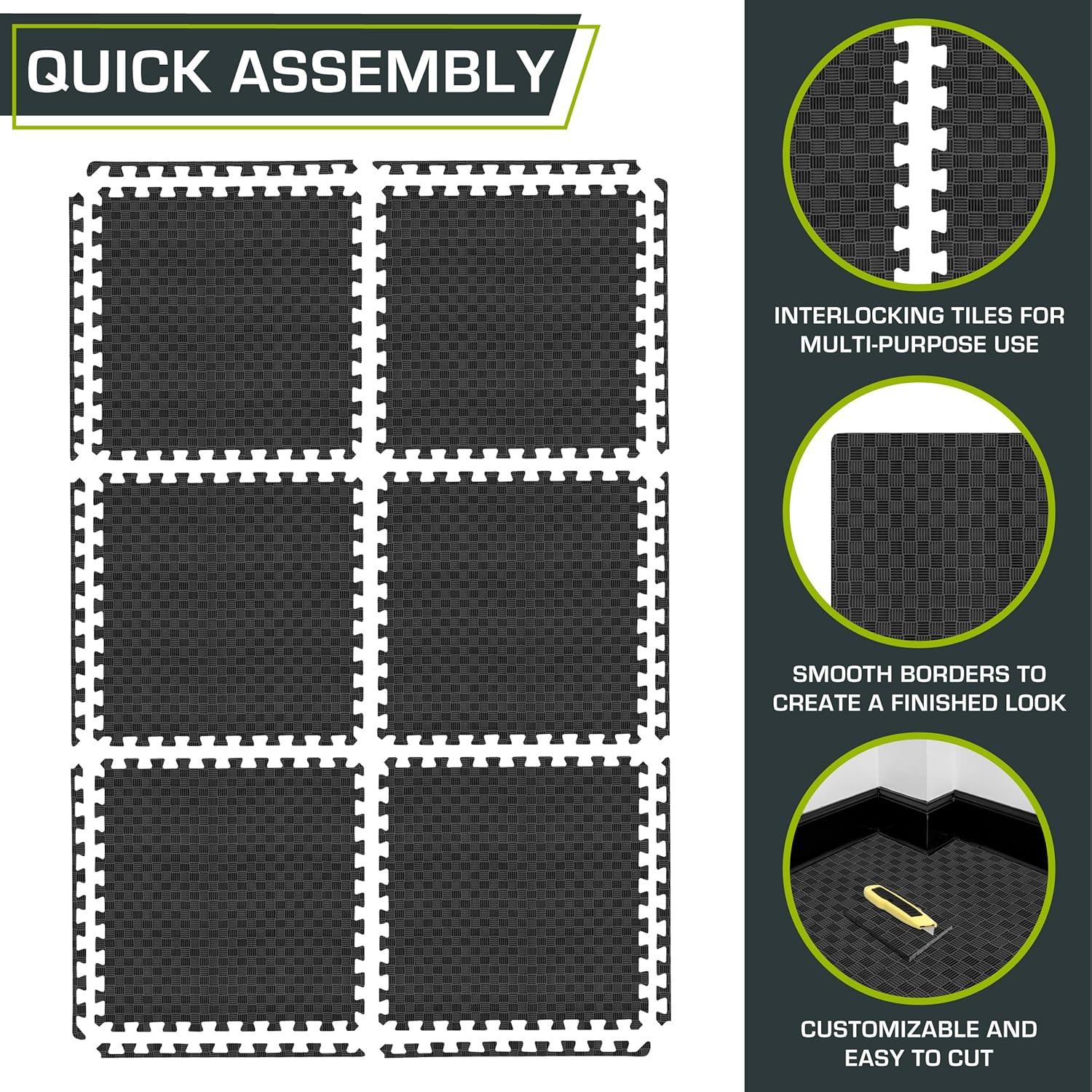 ProsourceFit Checkered Puzzle Exercise Mat 1-in, Black, 24 Sq Ft - 6 Tiles