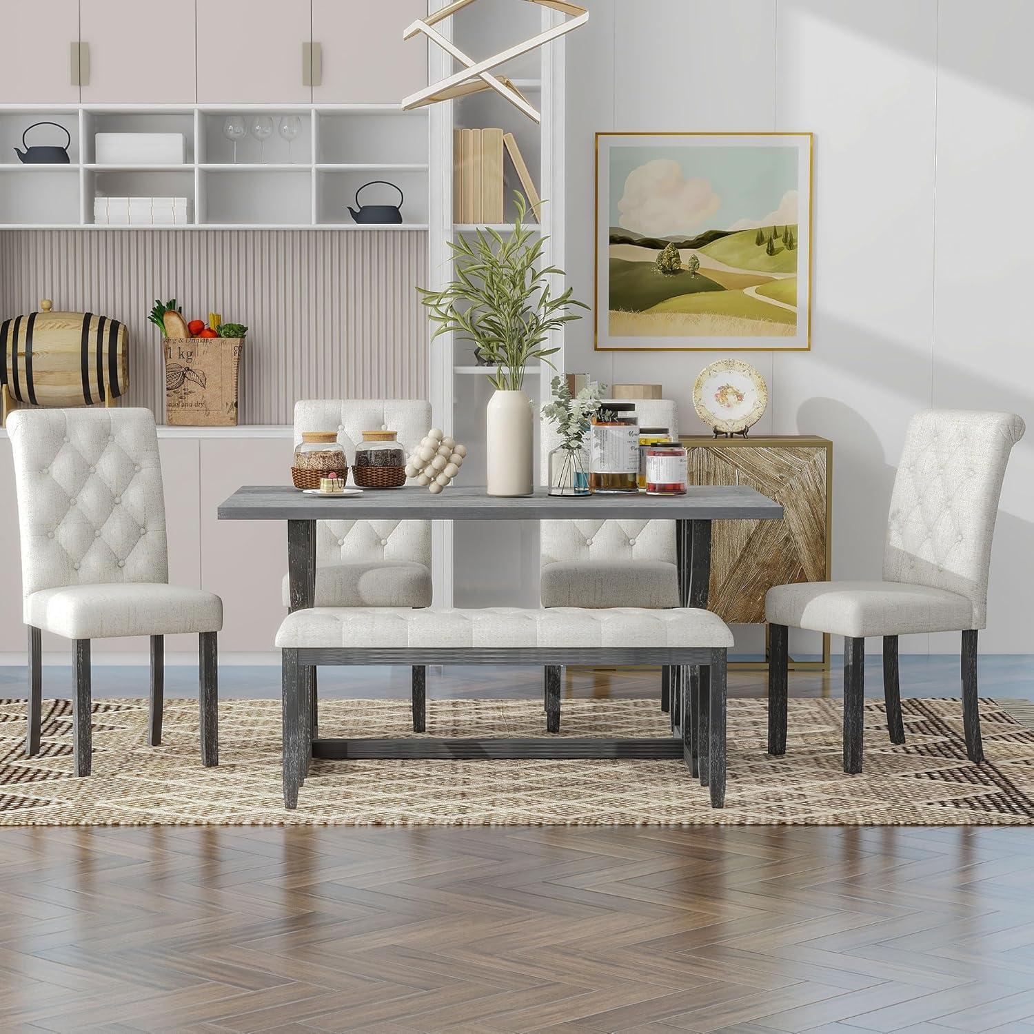 6-Piece Retro Dining Table Set, Rubber Wood Rectangular Table with Unique Legs and 4 Upholstered Chairs & 1 Bench for Dining Room and Kitchen (Gray Wash)