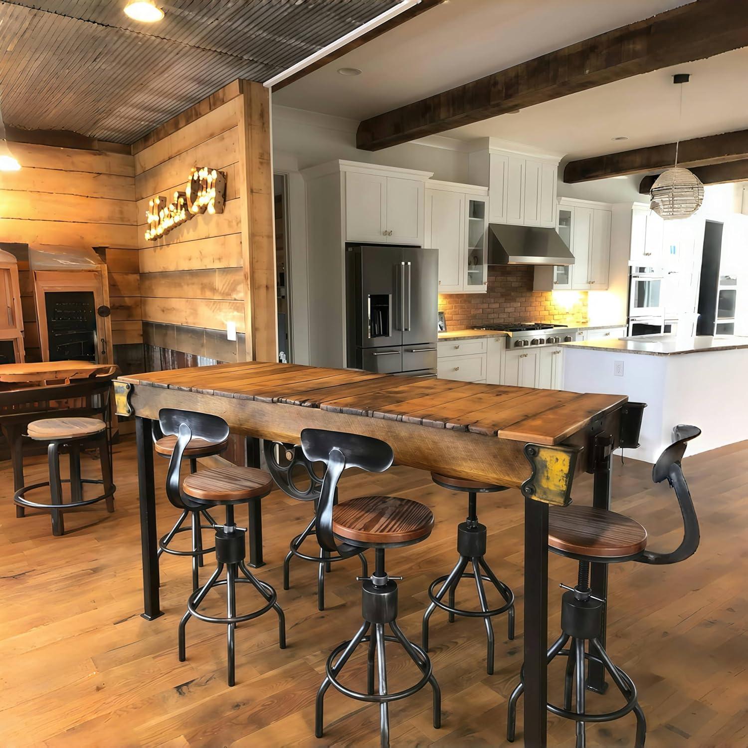 LOKKHAN Set of 2 Rustic Industrial Bar Stool-24-30 Adjustable Metal Swivel Wooden Top Barstools-Counter Height Extra Tall Bar Height-Vintage Farmhouse Kitchen Breakfast Cafe Stool-with Backrest