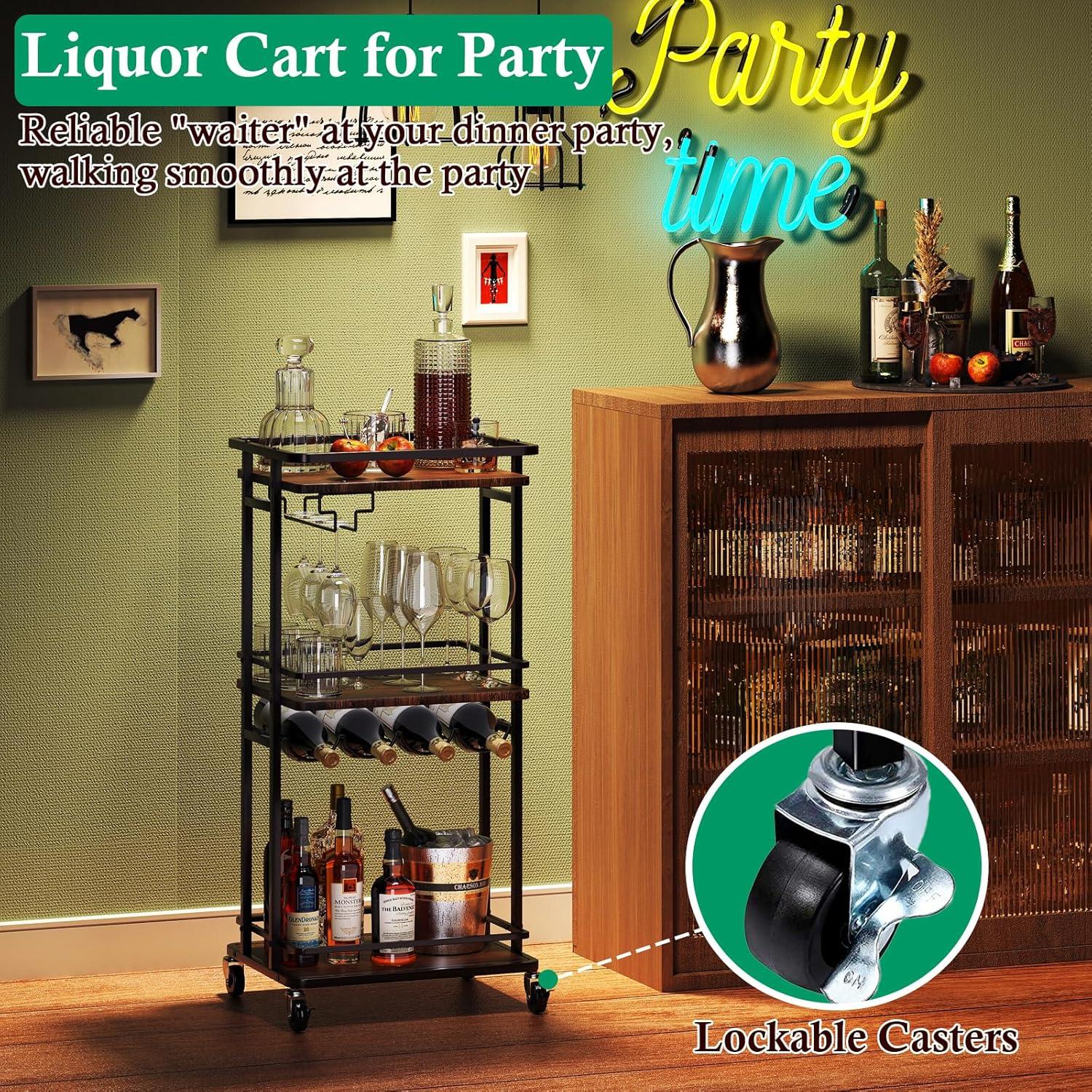 3 Tier Bar Cart for Home, Rolling Mini Liquor Bar Cabinet with Wine Rack and Glass Holder, Home Bar Serving Cart on Wheels for Dinner Party Wine Alcohol Drink, Bar Stand for Living Room Kitchen