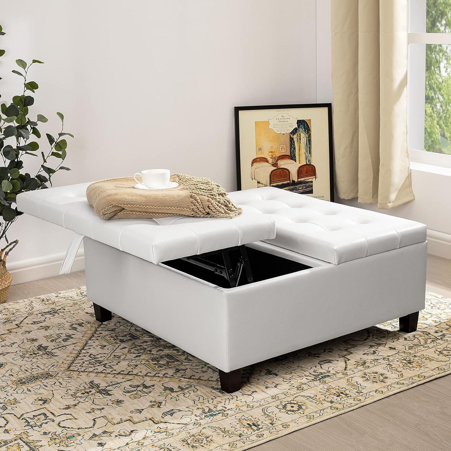 Ciara White Tufted Leather Lift-Top Storage Ottoman