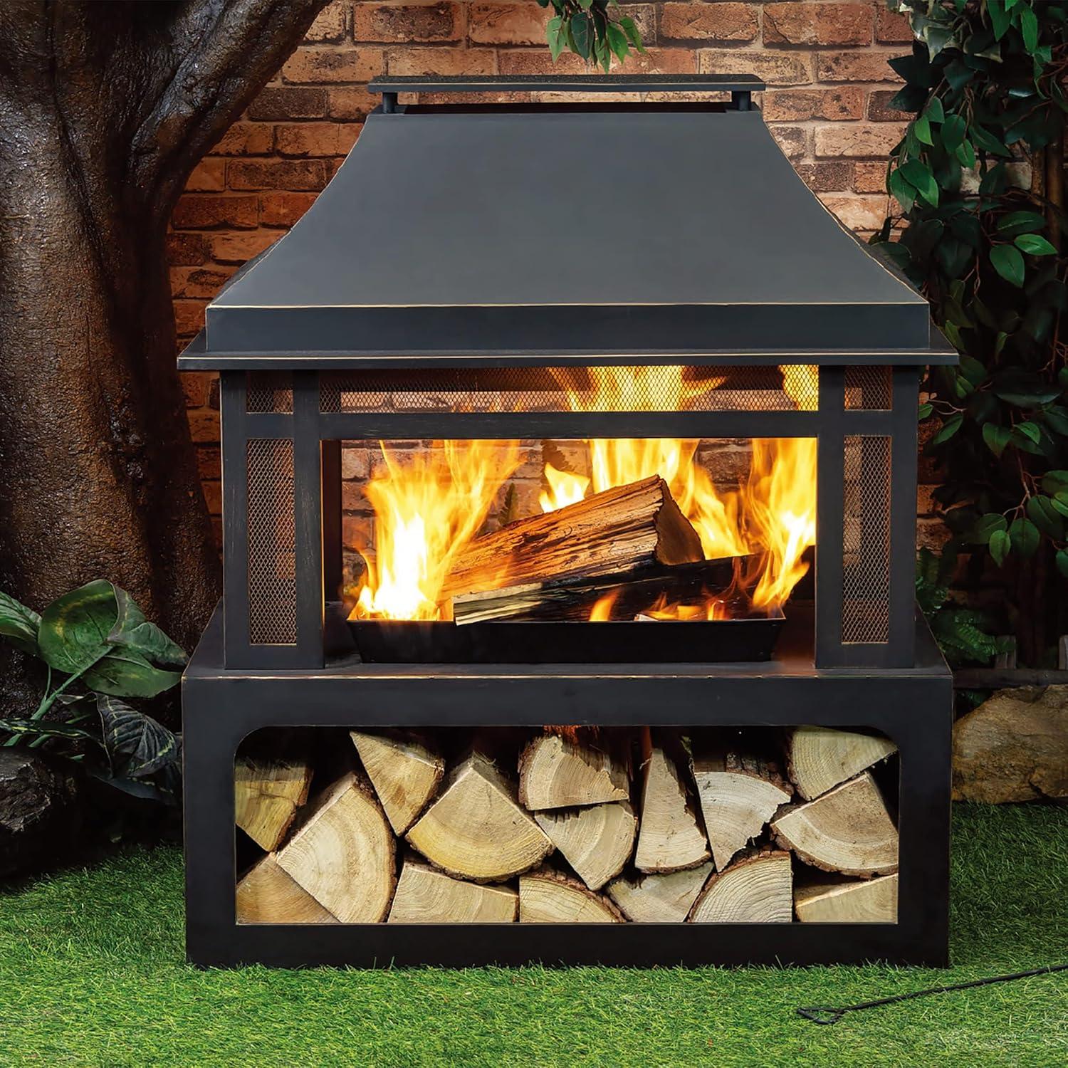 Black Steel 40'' Outdoor Fire Pit with Wood Storage