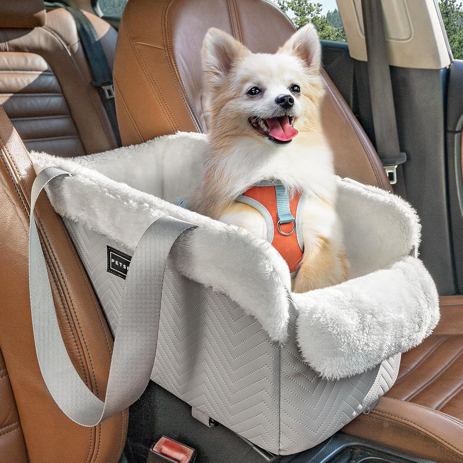 PETSFIT Small Dog Car Seat, Portable Dog Seat for Car with Safe Protective Hooks, Luxury Dog Console Car Seat,Up to 12 lbs,Grey