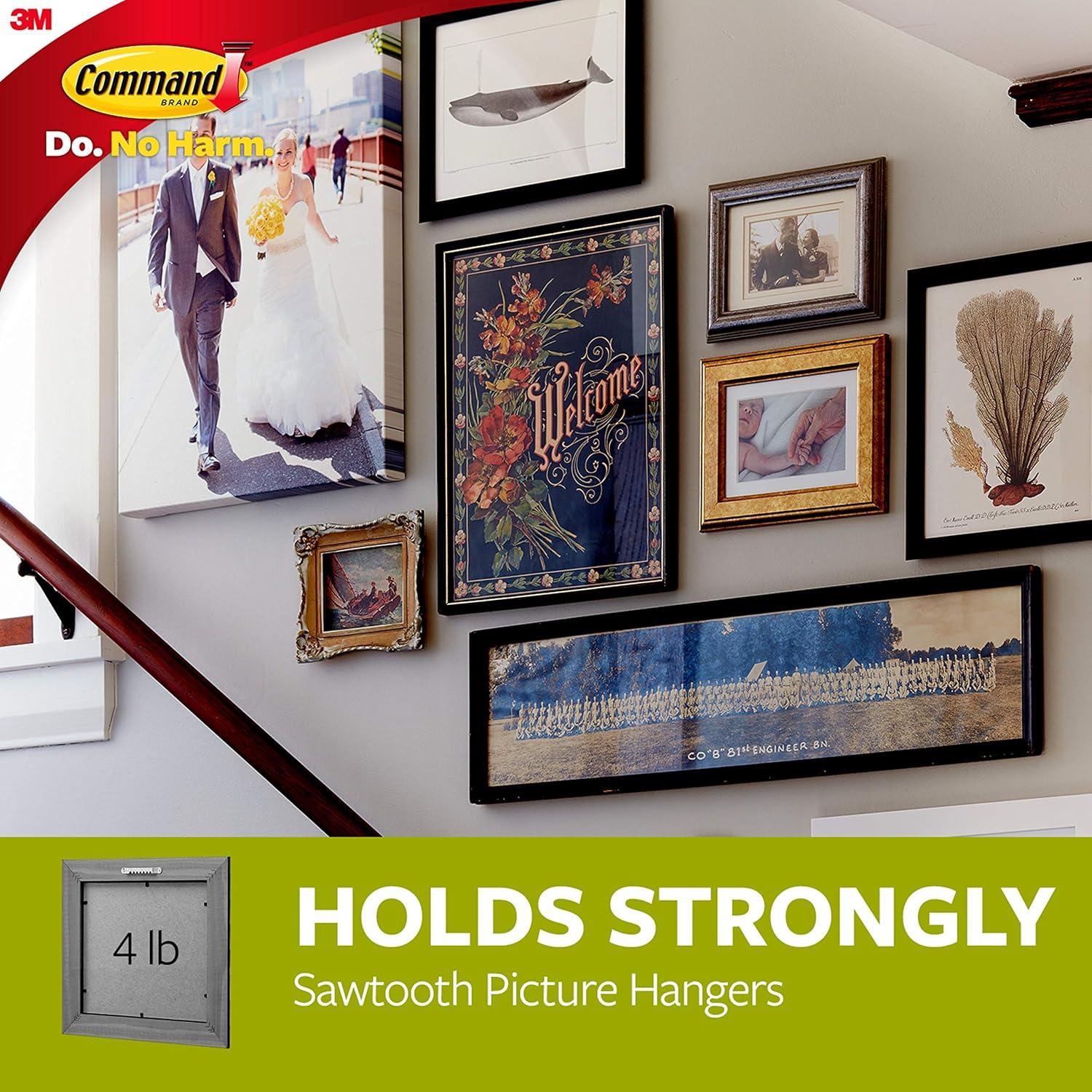 Command Sawtooth Picture Hanger, White, 3 Hangers, 6 Strips Per Pack