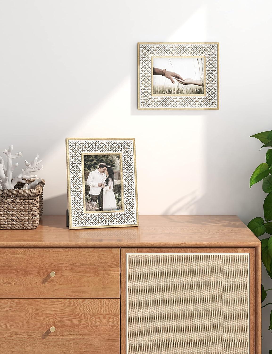 Afuly 5x7 Picture Frame Boho Picture Frames 3D Cross Pattern Distressed Moroccan Photo Frame Wall Desk Bohemia Home Office Decor Wedding Birthday Gifts for Mom Woman Grandma