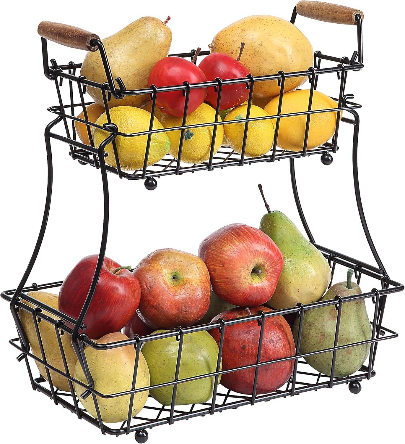 Compact 2-Tier Black Metal Wire Countertop Storage Basket