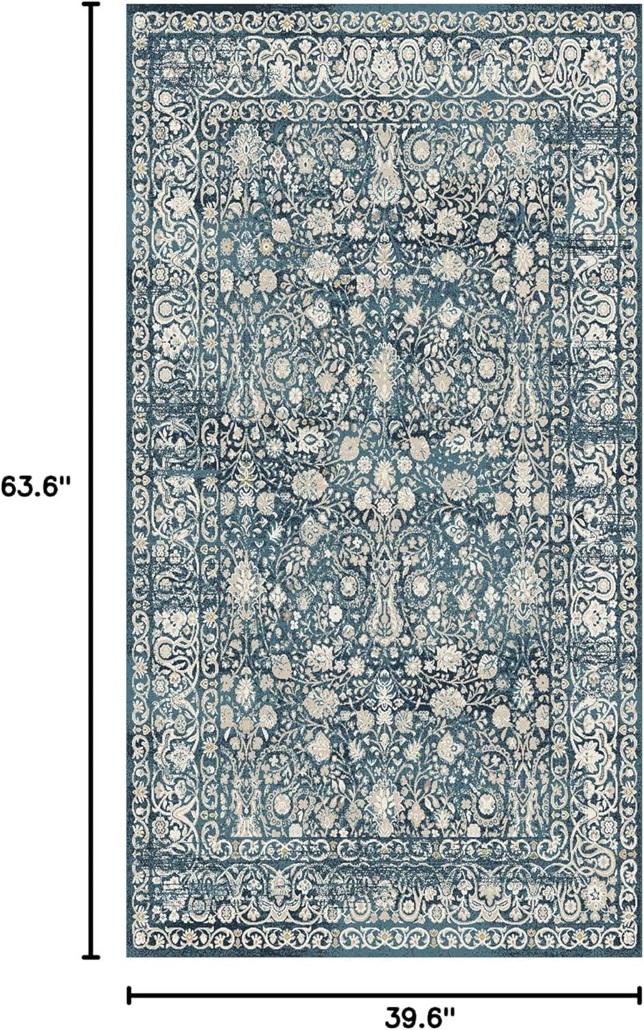 Blue and Ivory Rectangular Synthetic Oriental Rug 63" x 39"