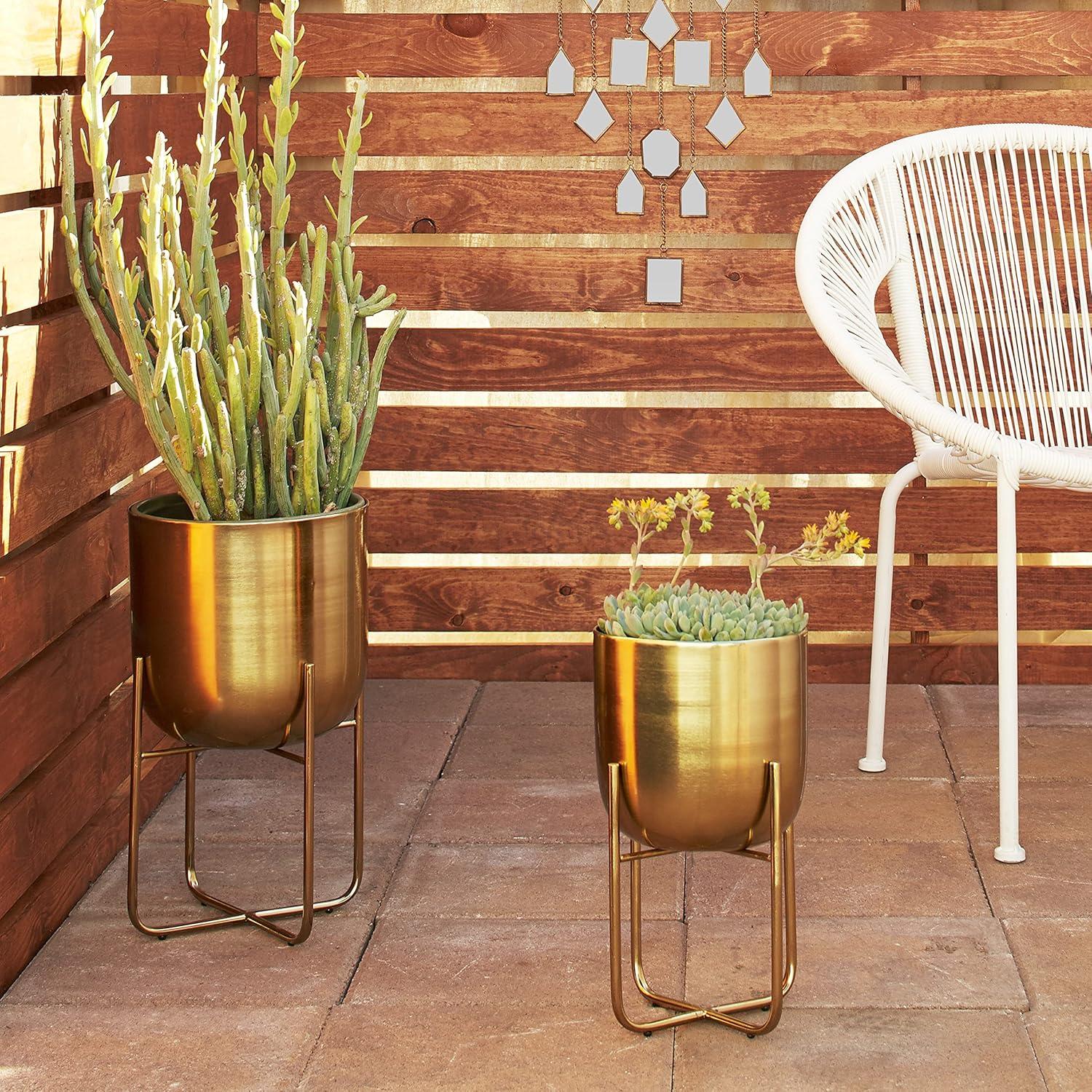 DecMode 16", 13"H Brushed Dome Gold Metal Planter with Curved X-Shaped Bases (2 Count)