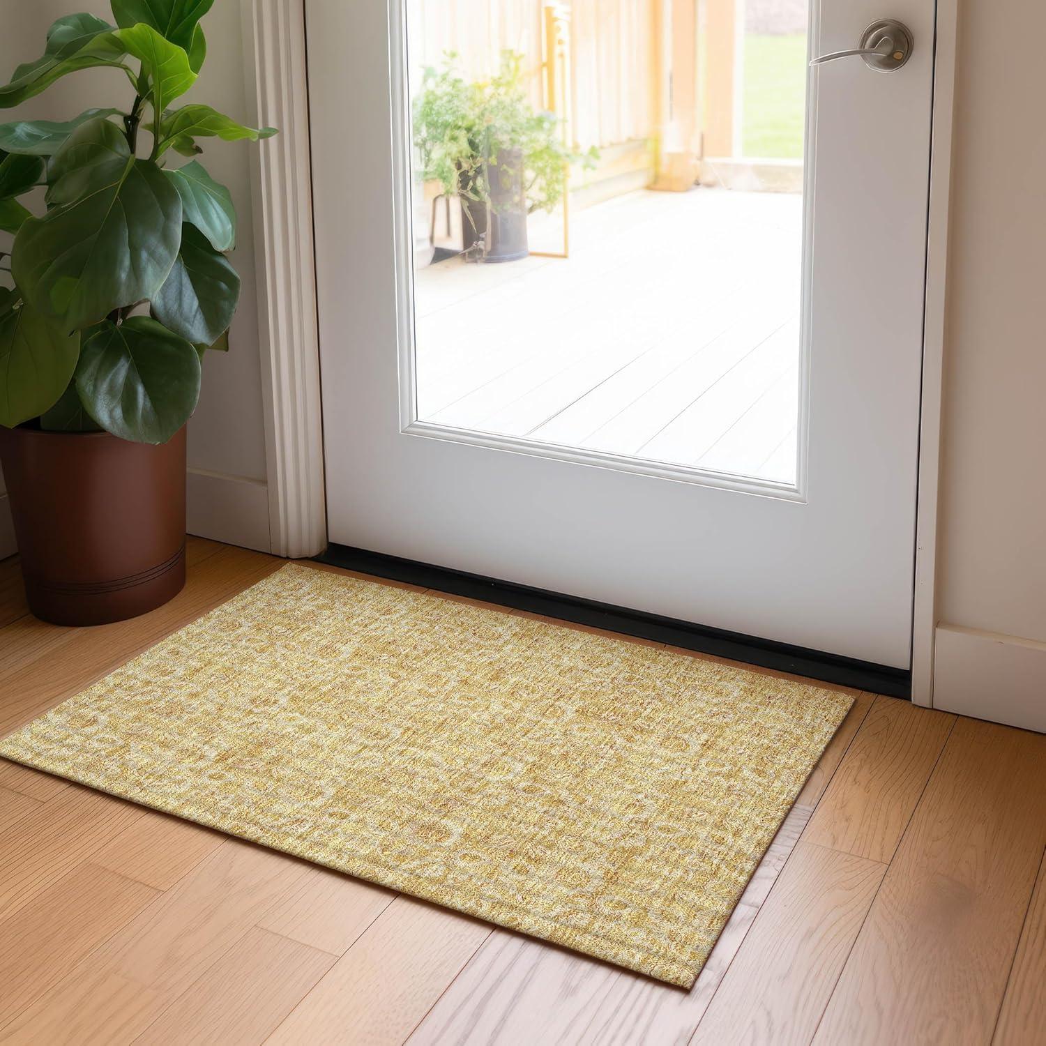 Gold Floral Indoor Outdoor Machine Washable Area Rug