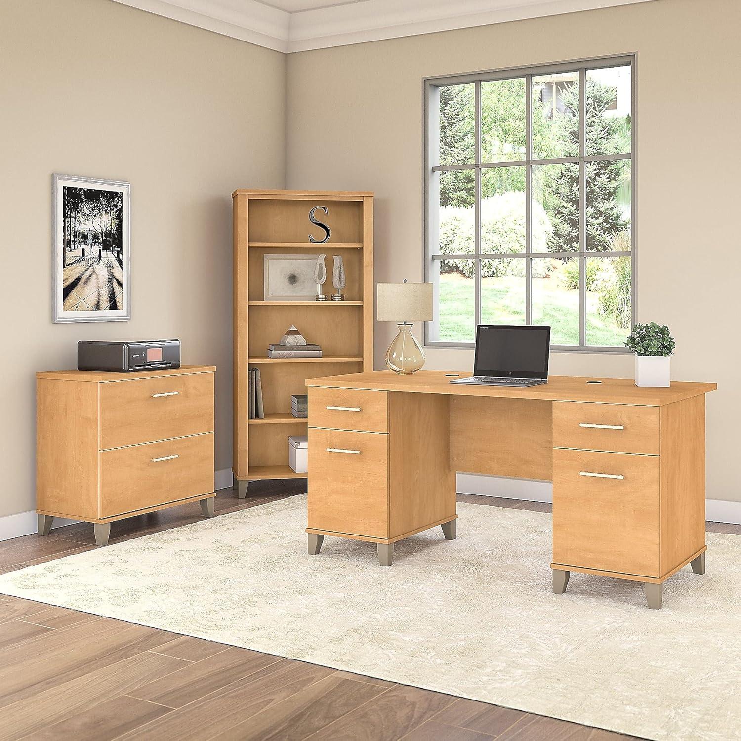 Maple Cross 60" Wood Executive Desk with Drawers and Filing Cabinet