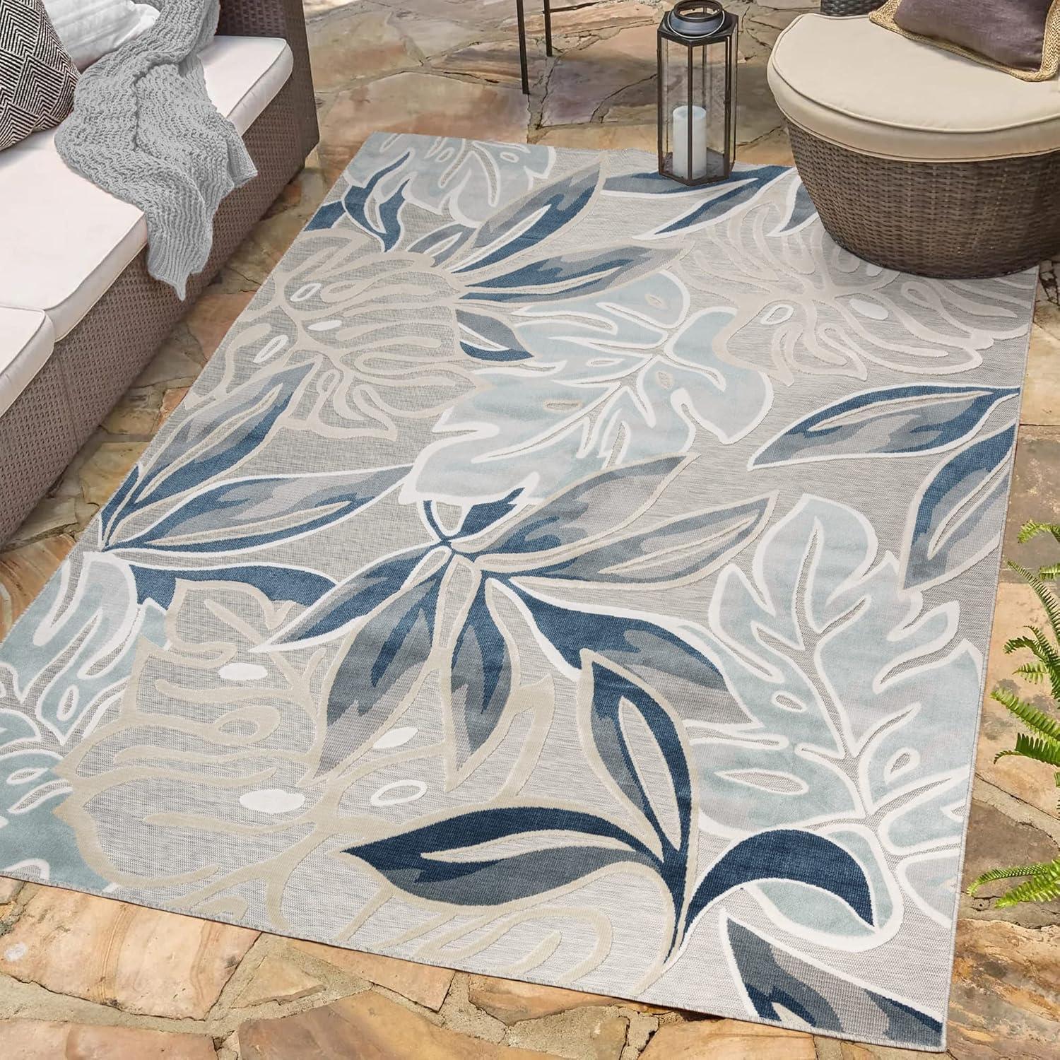 Gertmenian Tara Polly Gray Yellow Ivory Large Tropical Hawaiian Indoor/ Outdoor Flatweave High-Low Area Rug