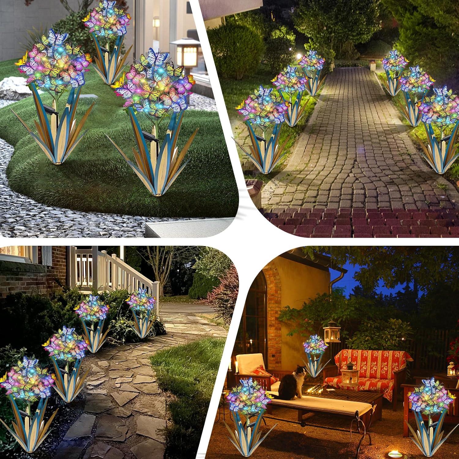 Solar Metal Agave Butterfly Flower Stick Garden Sculpture Swaying Butterfly Garden Light Solar Outdoor (2 PCS Blue)