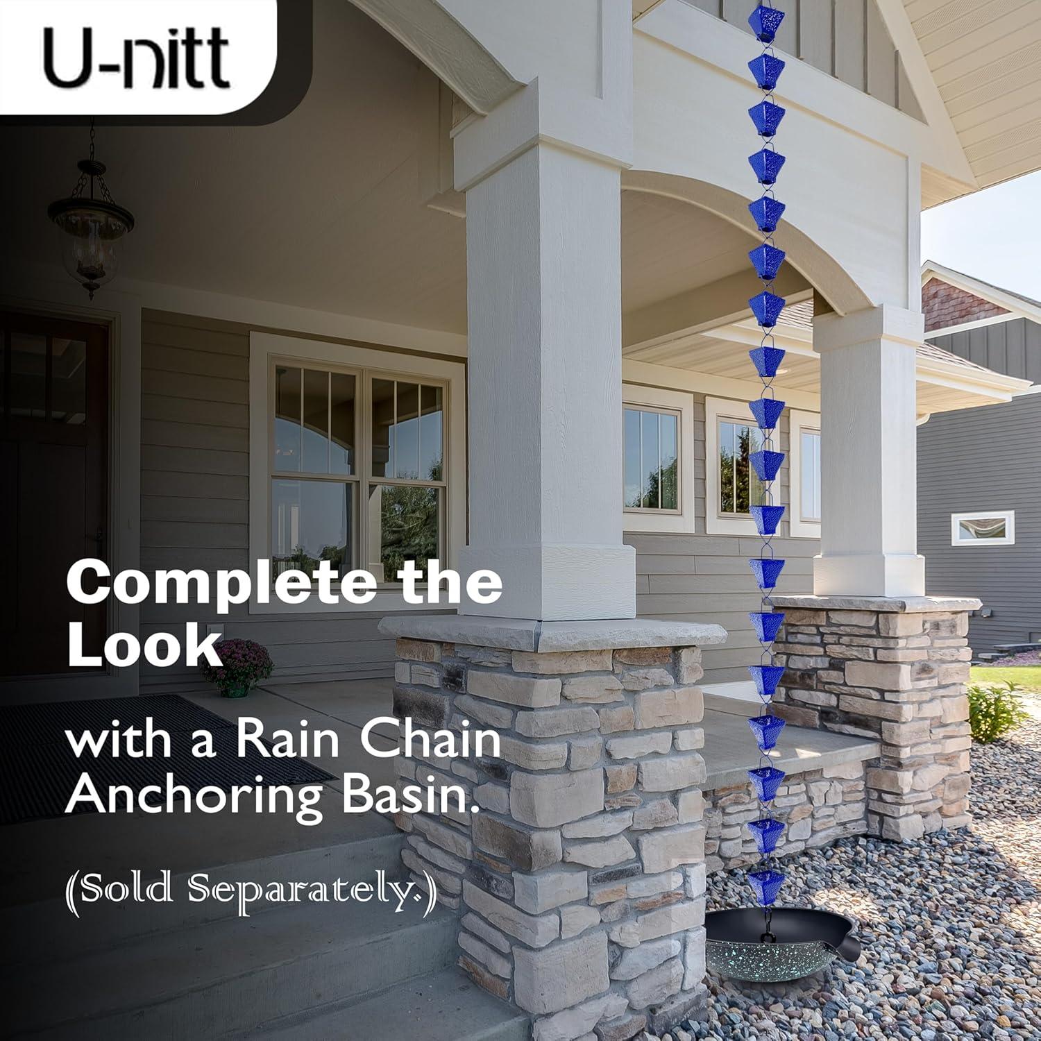 U-nitt Rain Chains, Roof Gutter Downspout Channel, Rainwater Catcher/Diverter, 8.5 FT, Metal, Blue Powder Coated, Texture Square, Modern, 5517BLU