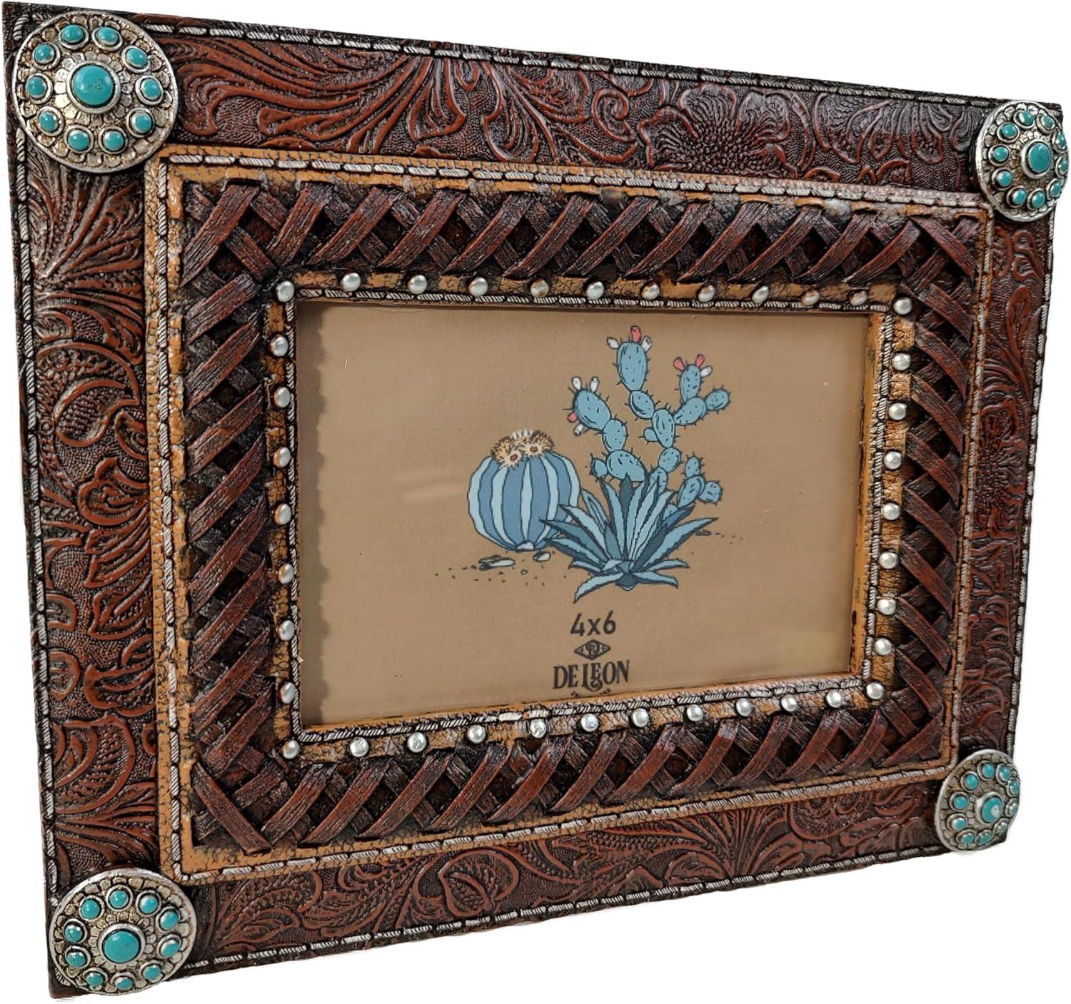 Bungalow Rose Rynisha Faux Tooled Leather Western Rustic Turquoise Concho 6” x 4” Standing Photo Picture Frame