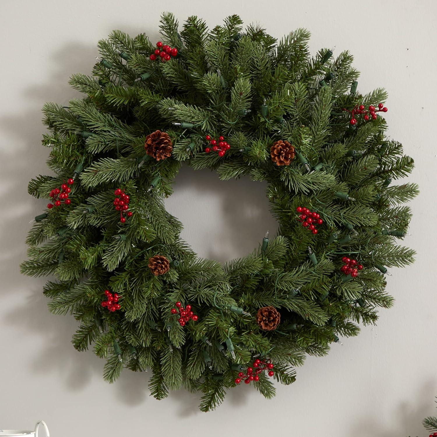 Nearly Natural 30” Lighted Pine Wreath w/Berries & Pine Cones