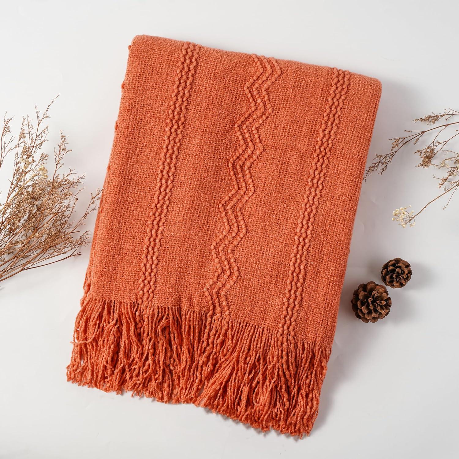 Battilo Orange Throw Blanket with Fringe Geometric Bed Salmon Knit Throws for Couch,Fall Blanket,50"x60"
