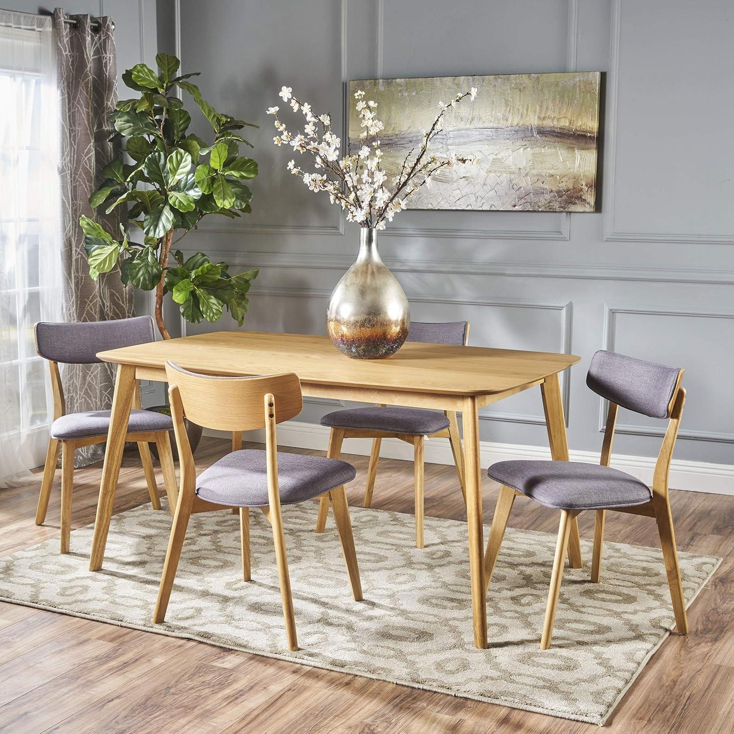 Aman Mid-Century 5-Piece Dining Set in Natural Oak with Dark Grey Fabric Chairs