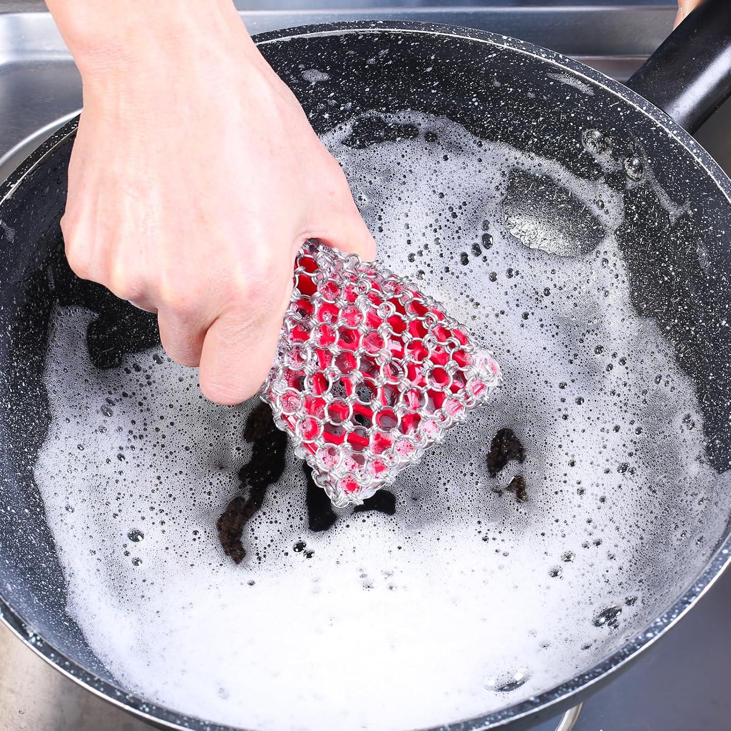 Red Silicone and Stainless Steel Chainmail Cast Iron Scrubber