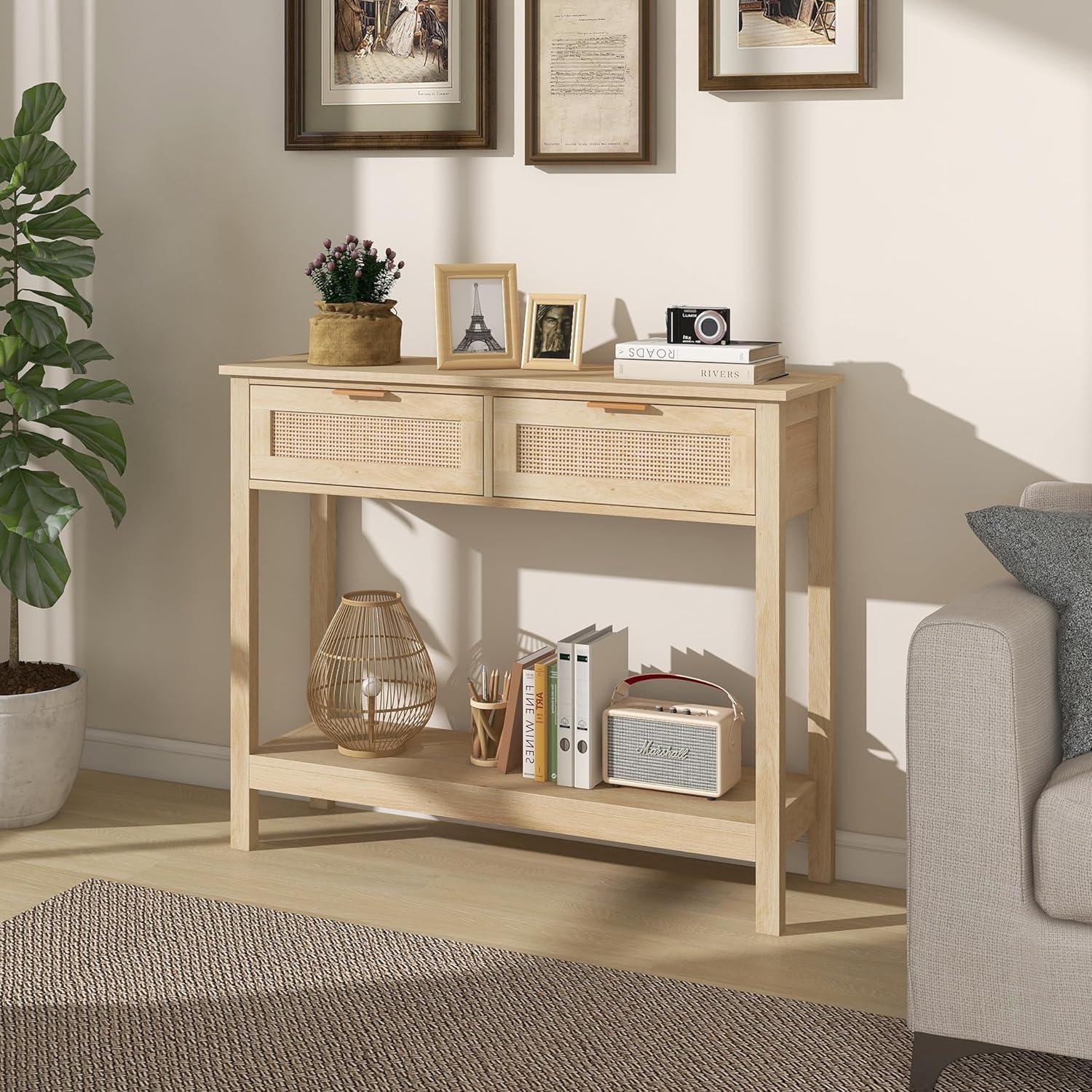 Farmhouse Rattan Console Table with 2 Drawers 2 Tier Boho Narrow Long Sofa Table Natural with Open Storage Shelf Wood Entryway Table for Living Room Hallway Foyer (Nature, 39.4 Inch)