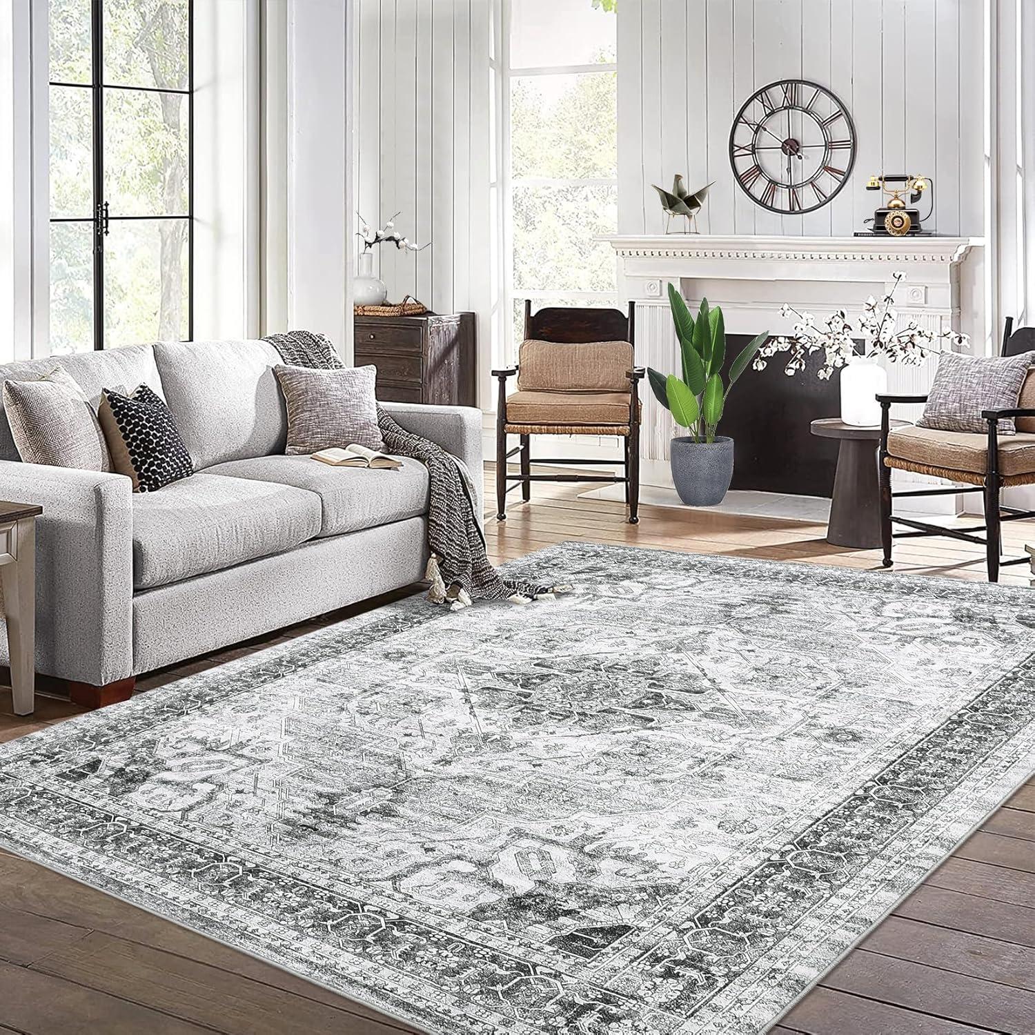 Haperlare Washable Living Room Rug Ultra Soft Rug Machine Washable Accent Rug Stain Resistant Ultra Thin Distressed Mats for Bedroom Living Room, 5' x 7' Gray