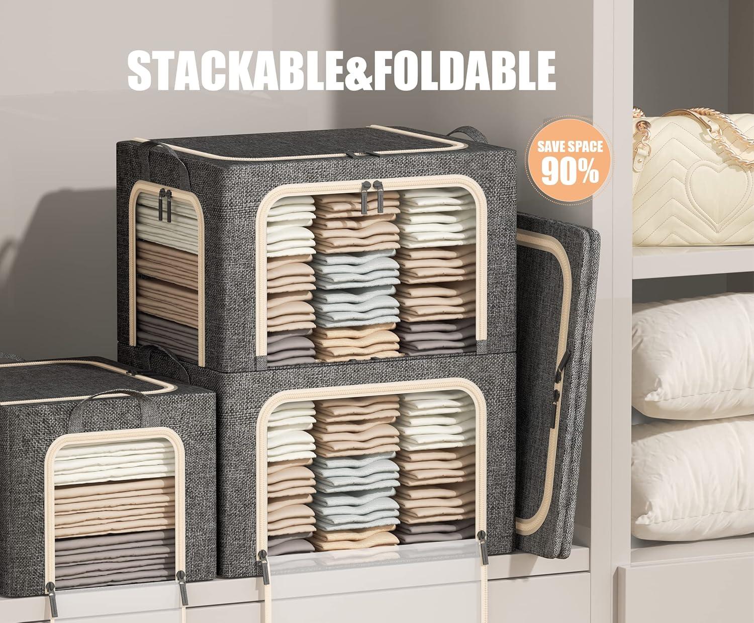 3 Openings Clothes Storage Bins With Metal Frame, Foldable Storage Bin For Clothes, Clothing Storage Bins With Lid, Linen Storage Box With Clear Window& Zippers& Durable Handles.(3 Pcs,Light Grey,40L)