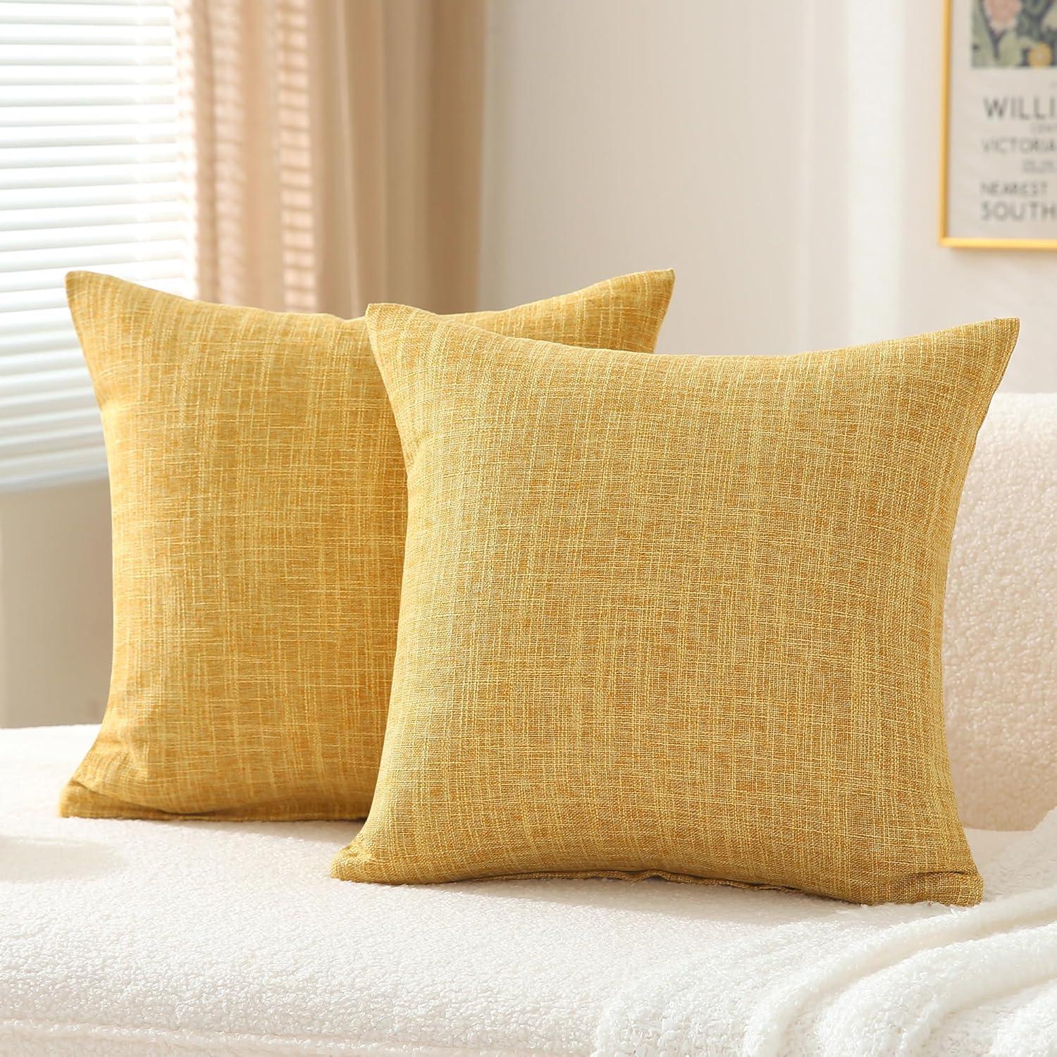 Set of 2 Mustard Yellow Linen Throw Pillow Covers 18x18 Inch