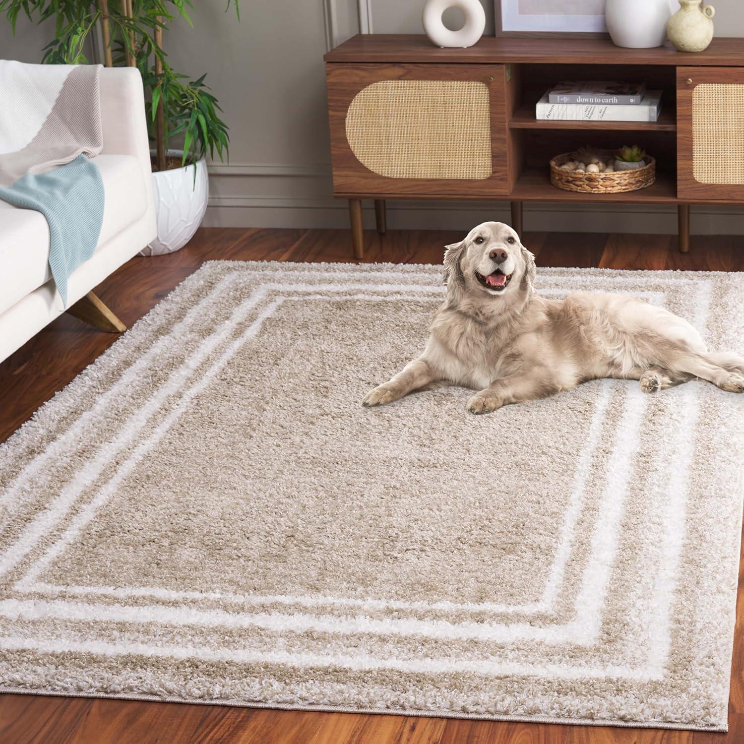 SAFAVIEH Border & Stripe Hyram Bordered Shag Area Rug, Beige/Ivory, 5'3" x 7'6"