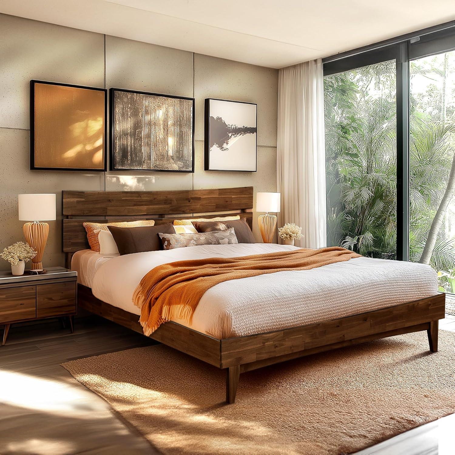 Acacia Aurora Premium Solid Wood Platform Bed Frame and High Headboard, King Bed Frame with Headboard Included, Mid Century Modern Bed with 5 years Warranty